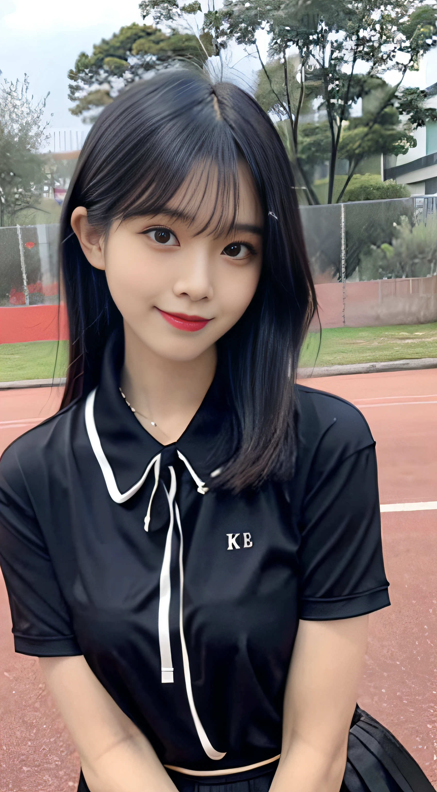 (4K, RAW photo, Best quality, Masterpiece: 1.3), (Real, photoreali: 1.37), (Night), (view the viewer: 1.331), (Black hair), posing on a, School playground, Night scene, Gentle light, 1girll, Beautiful face, Bust photo, Random hairstyle, Random expression, Big eyes, belly, (short- sleeved.JK_shirt), JK_Style, (Crimson JK_Skirt) ,(Bow jk_tie),Solo，