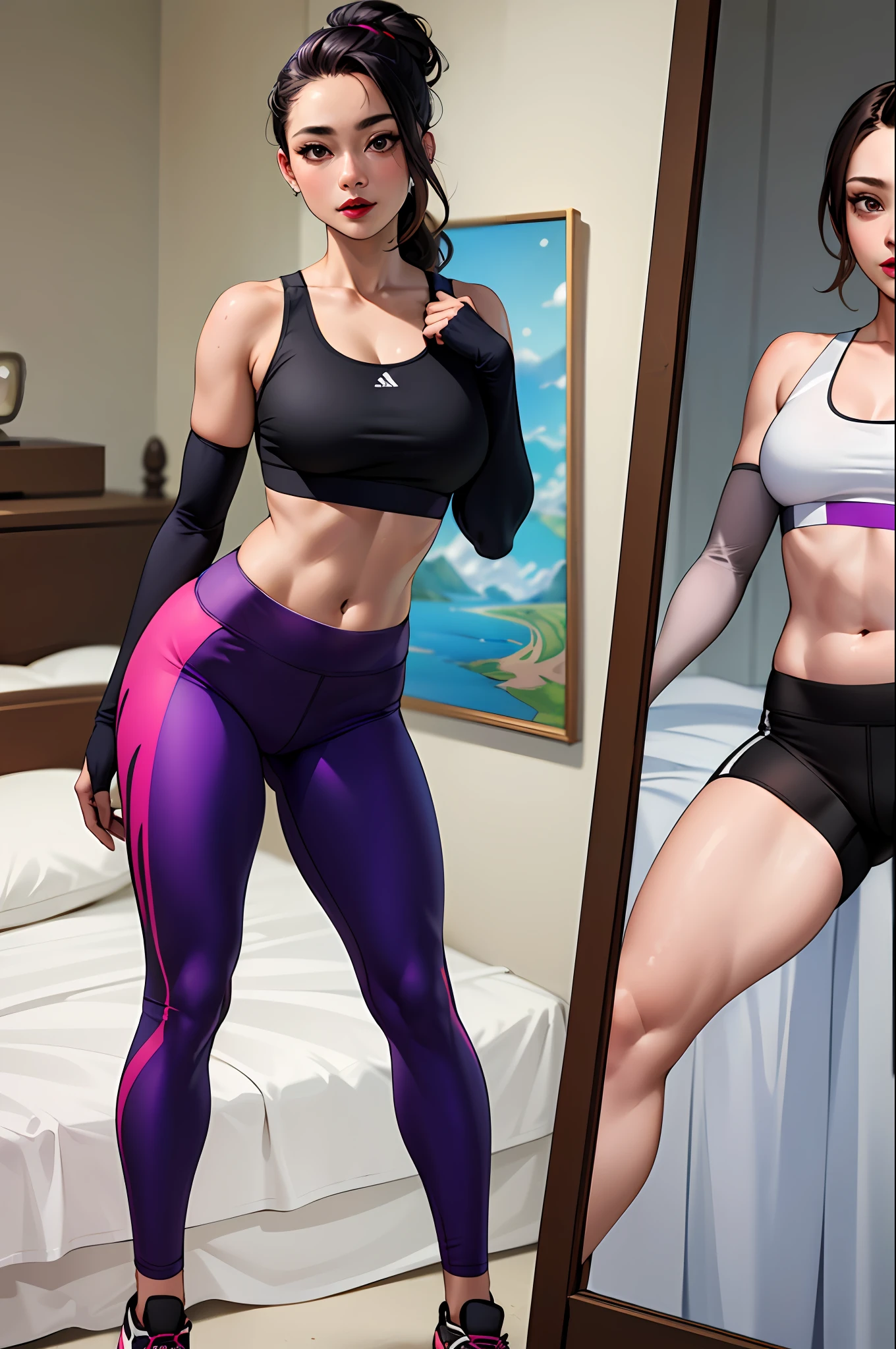 (masterpiece:1.4)、(top-quality:1.4)、
1girl in, Sports bra and white and purple sports leggings、(Arm sleeve),length hair, looking at the viewers, Bedroom, 独奏 ,realisitic,(shinny skin),(masterpiece:1.4),(top-quality:1.4),red-lips