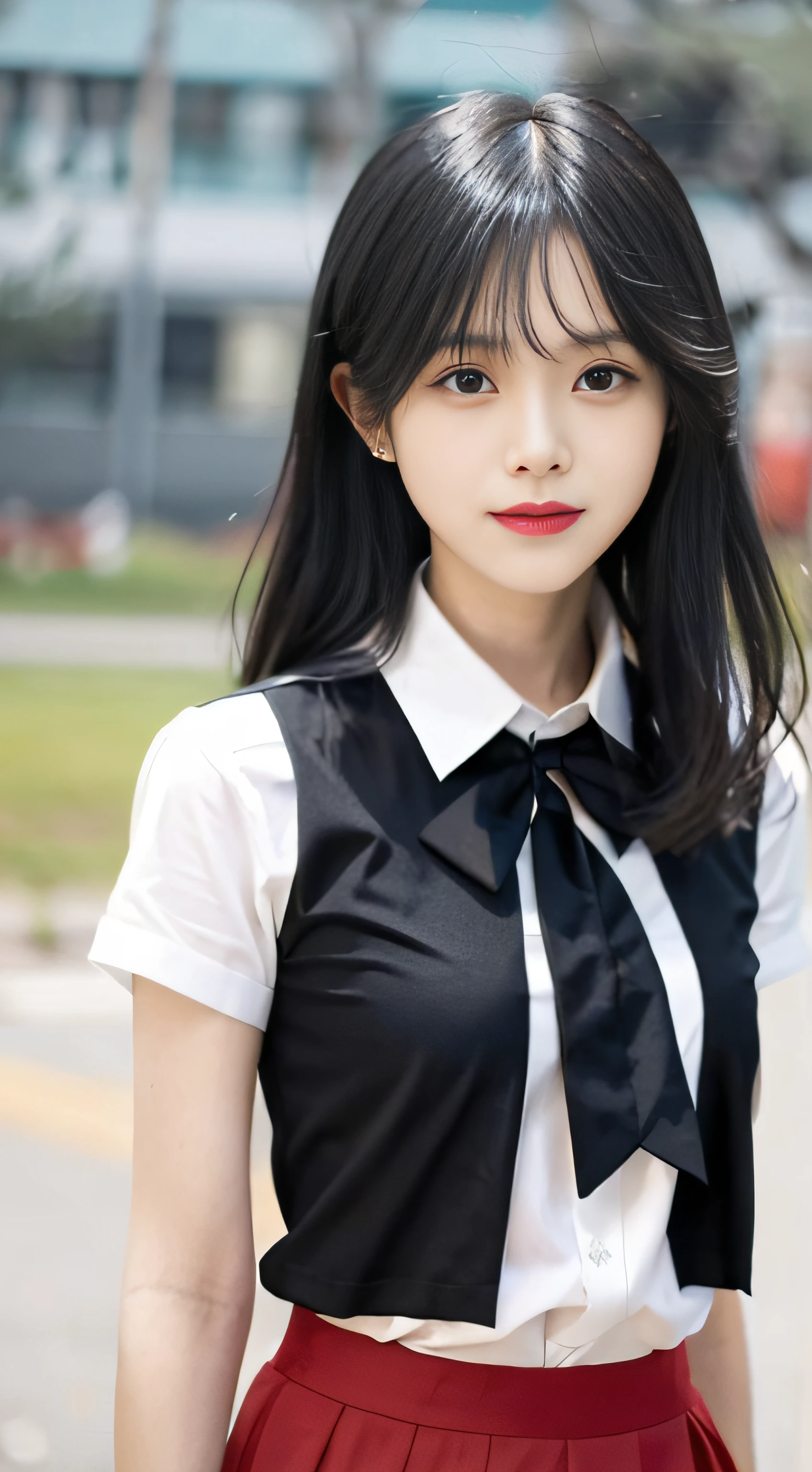 (4K, RAW photo, Best quality, Masterpiece: 1.3), (Real, photoreali: 1.37), (Night), (view the viewer: 1.331), (Black hair), posing on a, School playground, Night scene, Gentle light, 1girll, Beautiful face, Bust photo, Random hairstyle, Random expression, Big eyes, belly, (short- sleeved.JK_shirt), JK_Style, (Crimson JK_Skirt) ,(Bow jk_tie),Solo，