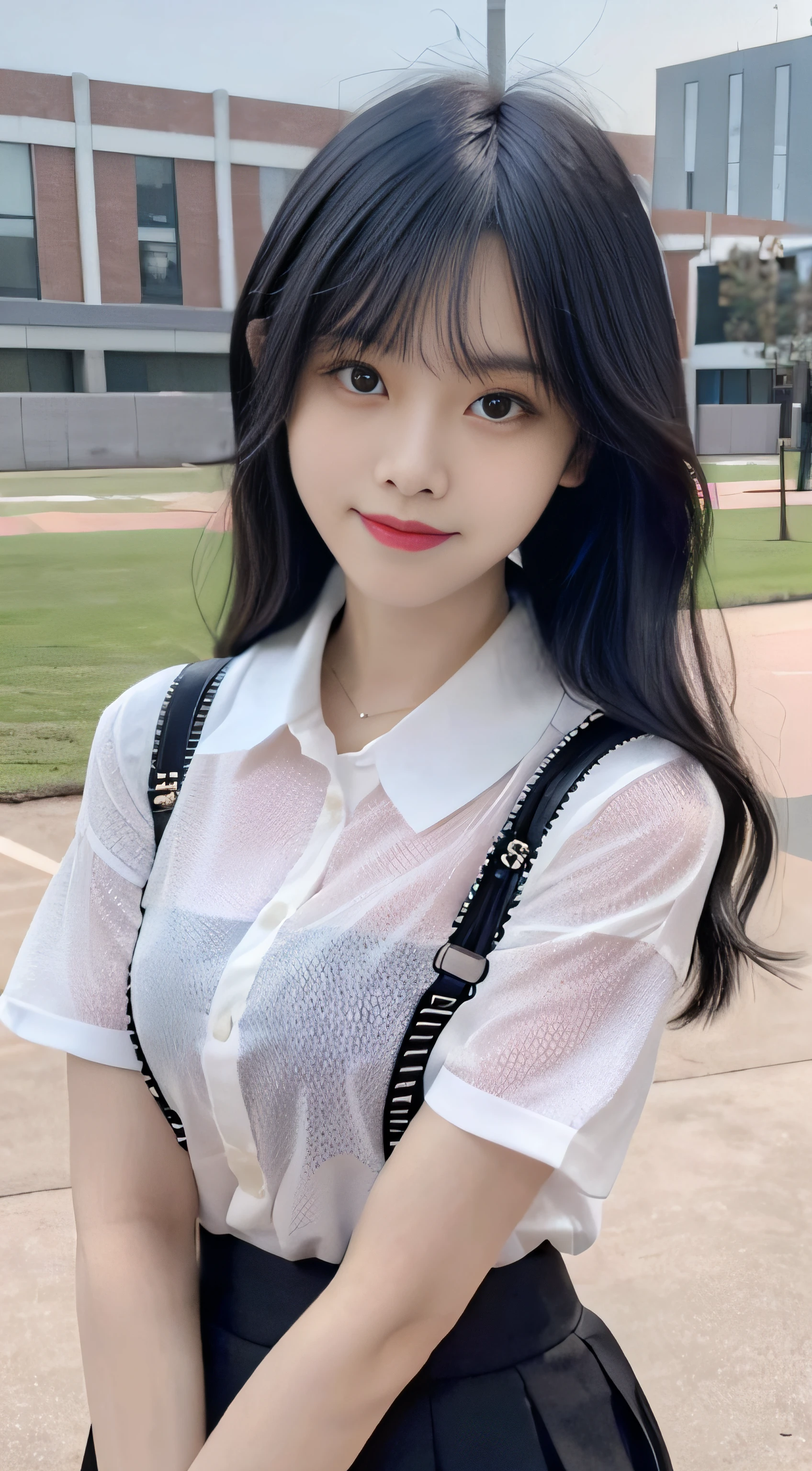 (4K, RAW photo, Best quality, Masterpiece: 1.3), (Real, photoreali: 1.37), (Night), (view the viewer: 1.331), (Black hair), posing on a, School playground, Night scene, Gentle light, 1girll, Beautiful face, Bust photo, Random hairstyle, Random expression, Big eyes, belly, (short- sleeved.JK_shirt), JK_Style, (Crimson JK_Skirt) ,(Bow jk_tie),Solo,