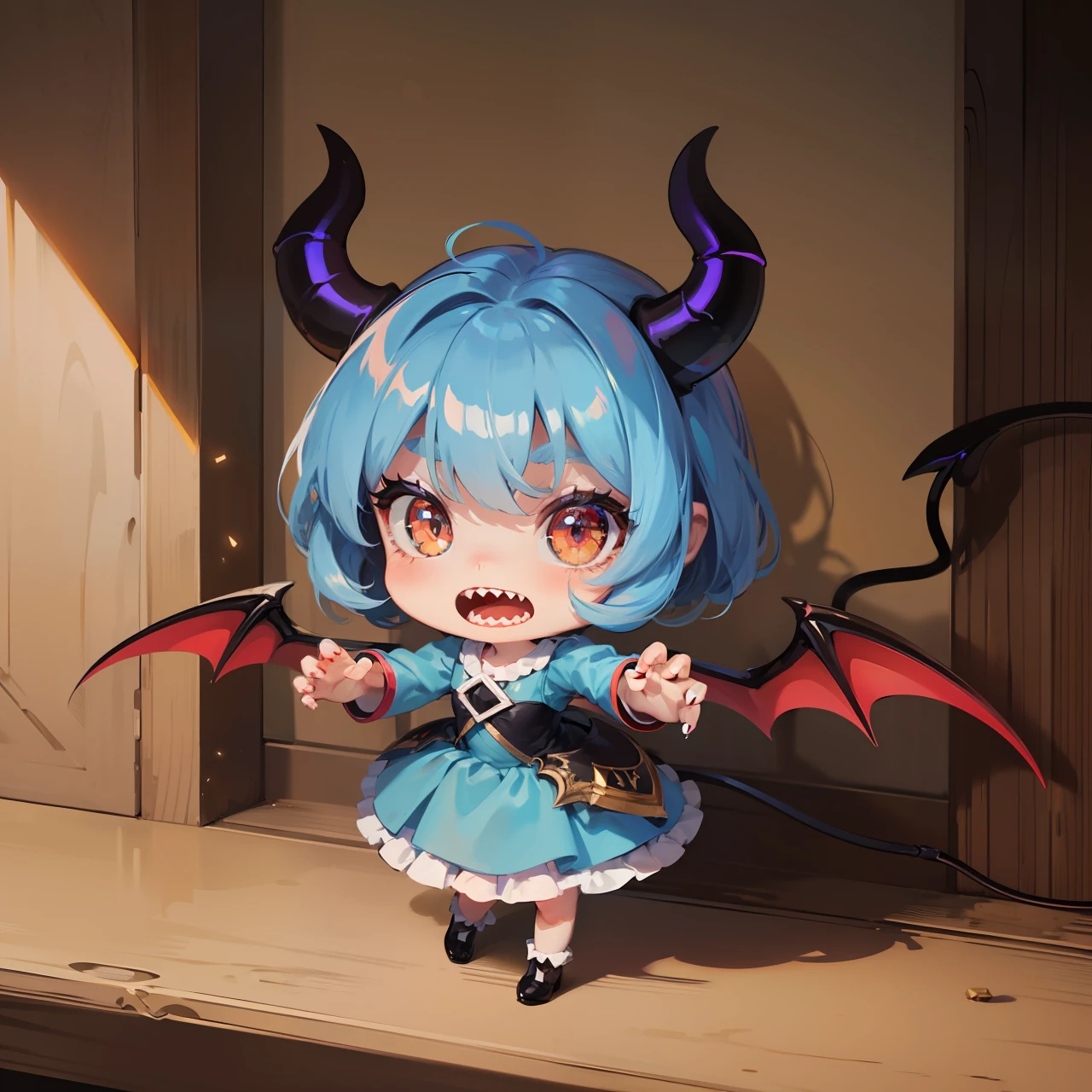 Splash art, cute demon girl, demon wings, sharp teeth, cute blue summer dress, showing claw hands, with small red claws on fingers, ((perfect hands)), looking to viewer, standing on wooden table, fighting pose, stunning beauty, [[chibi]], close-up, muted colors, deep shadows, epic, trending on Pixiv, 4k