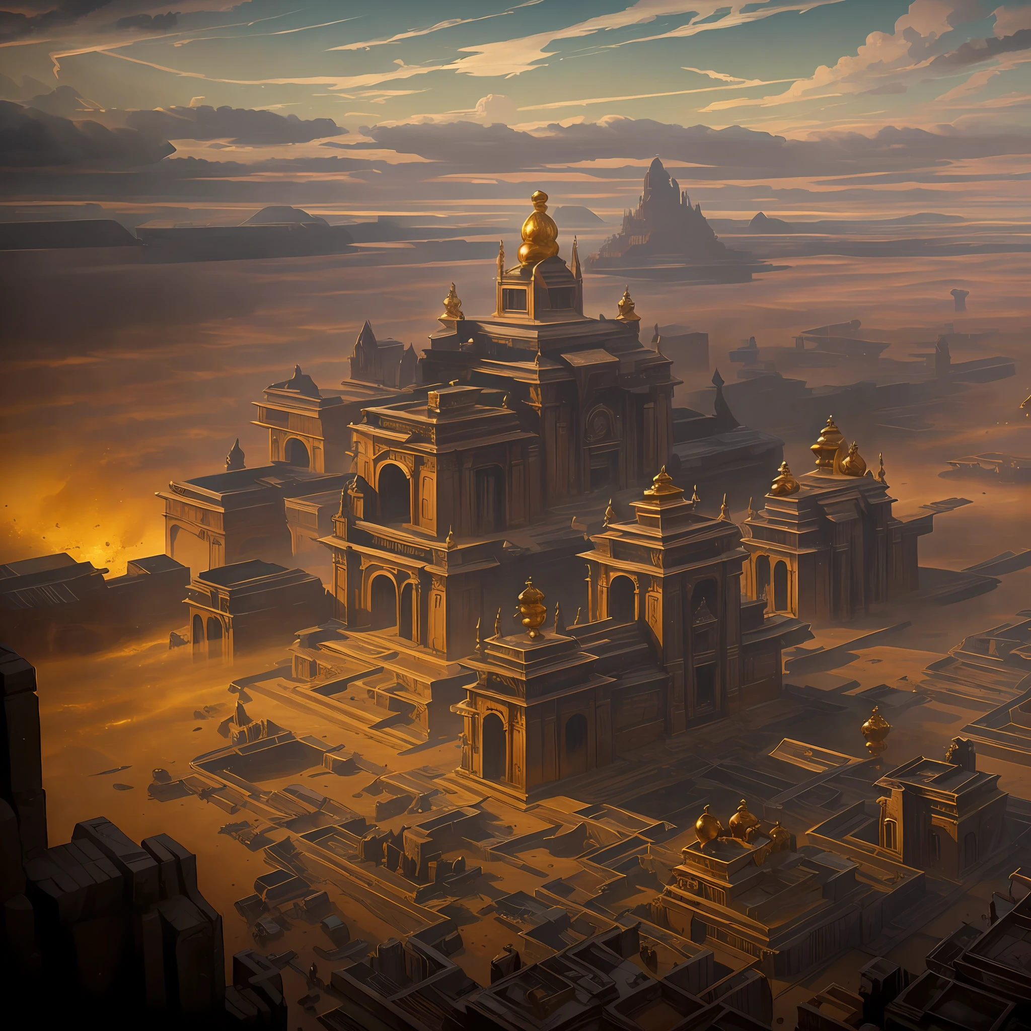 AErial shot of 5,000-year-old "" Golden "" indian city with Indian architecture. Ornate pillars, dozens of " intricate carvings temples spread across area large" and 100' of ((golden stone))palaces, houses Spread across large area and Surrounded by a moat and a high wall. Buiit on a grid system. low fog around. a masterpiece, 8k, dark fantasy concept art, by Greg Rutkowski, dynamic lighting, hyperdetailed, intricately detailed, Splash screen art, trending on Artstation, deep color, Unreal Engine, volumetric lighting, Alphonse Mucha, Jordan Grimmer.