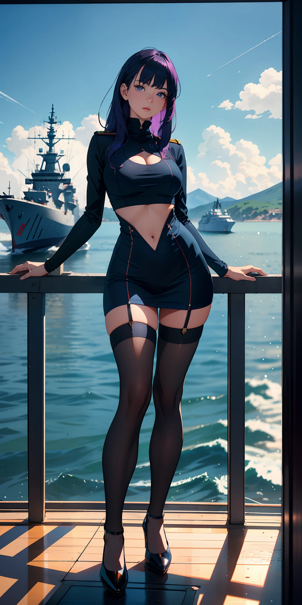 1个Giant Breast Girl，Purple colored hair，Long flowing hair，Qi bangs，Delicate and beautiful face，crisp breasts，Convex buttocks，Dressed in a dark blue military uniform，Black tight-fitting top，dark blue short dress，black lence stockings，Dark blue sleeves，Dark blue high heels，beachside，Bald Eagle，Naval warships，American flag，perfectly proportioned, Cinematic lighting, filmgrain, Fuji colors, lightand shade contrast, 8K, 巨作, Textured skin, Super detail, high detal, High quality, A high resolution,
