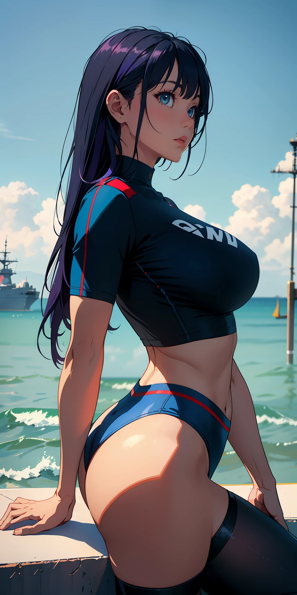 1个Giant Breast Girl,Purple colored hair,Long flowing hair,Qi bangs,Delicate and beautiful face,crisp breasts,Convex buttocks,Dressed in a dark blue military uniform,Black tight-fitting top,dark blue short dress,black lence stockings,Dark blue sleeves,Dark blue high heels,beachside,Bald Eagle,Naval warships,American flag,perfectly proportioned, Cinematic lighting, filmgrain, Fuji colors, lightand shade contrast, 8K, 巨作, Textured skin, Super detail, high detal, High quality, A high resolution,
