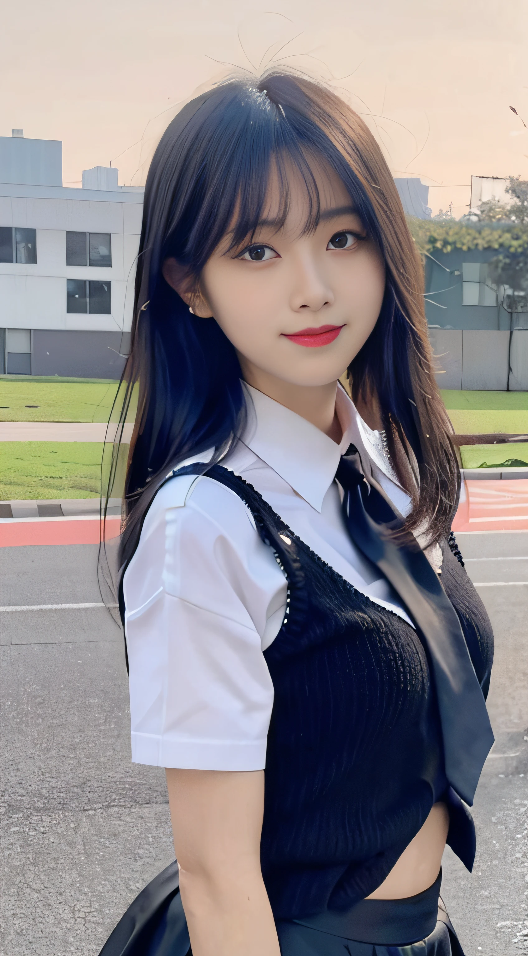 (4K, RAW photo, Best quality, Masterpiece: 1.3), (Real, photoreali: 1.37), (Night), (view the viewer: 1.331), (Black hair), posing on a, School playground, Night scene, Gentle light, 1girll, Beautiful face, Bust photo, Random hairstyle, Random expression, Big eyes, belly, (short- sleeved.JK_shirt), JK_Style, (Crimson JK_Skirt) ,(Bow jk_tie),Solo，