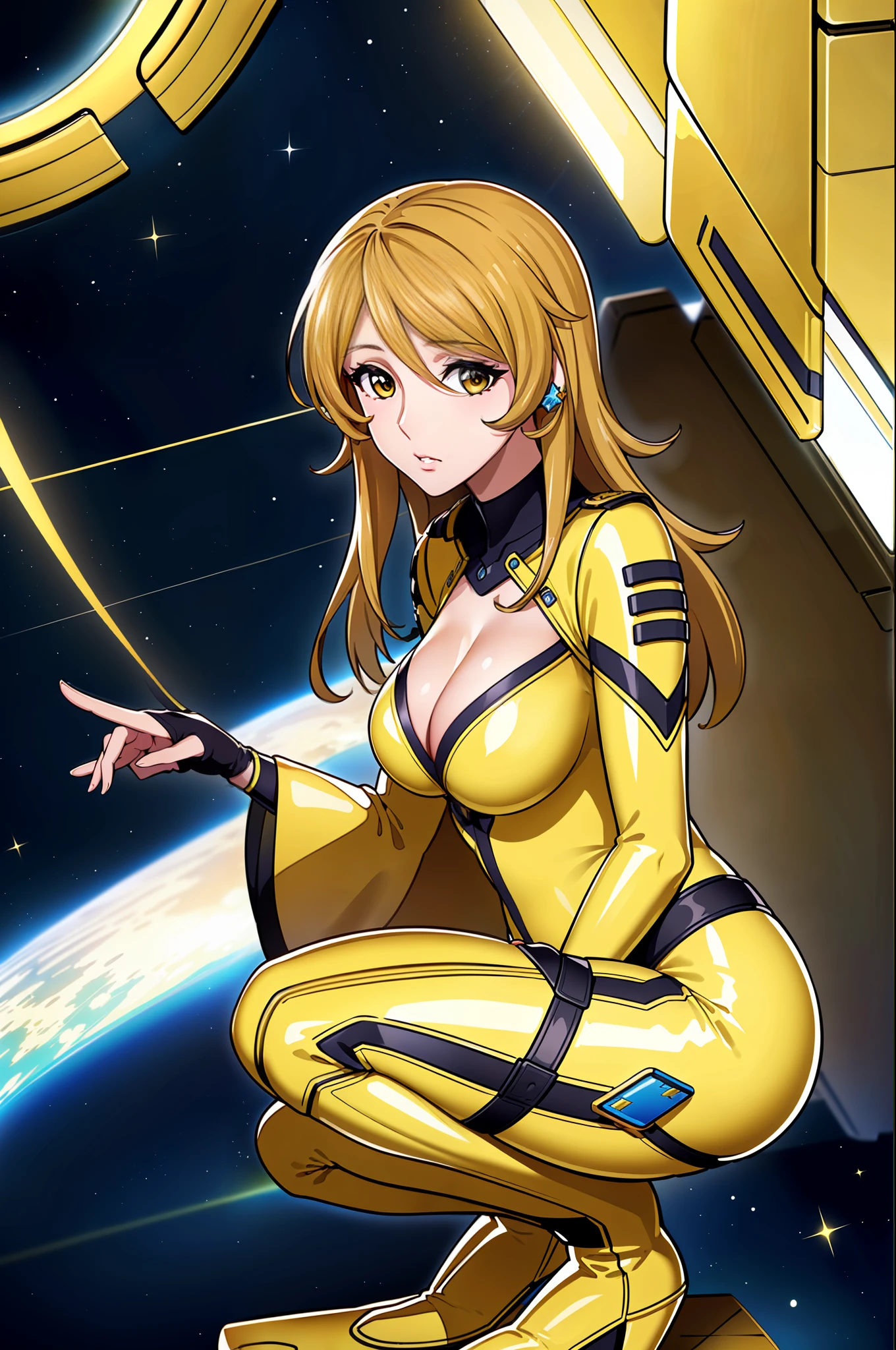 8K、1girl、spaceships、body suit、(Nipple sheer:1.3)、cleavage of the breast、natta、intergalactic、spaces、huge-breasted、((Arms behind your head))、looking at the viewers、、solofocus、(​masterpiece:1.4)、(top-quality:1.4)、(shinny skin)、Steamed body、((M-shaped legs))、((highleg))、(((Raw feet)))、(((Yellow Knee Length Enamel Pin Heel Boots)))、((SQUATTING on the ground))、(((Open your crotch wide from side to side)))、(((Face the viewer)))、(((Open your crotch wide to face the viewer)))、