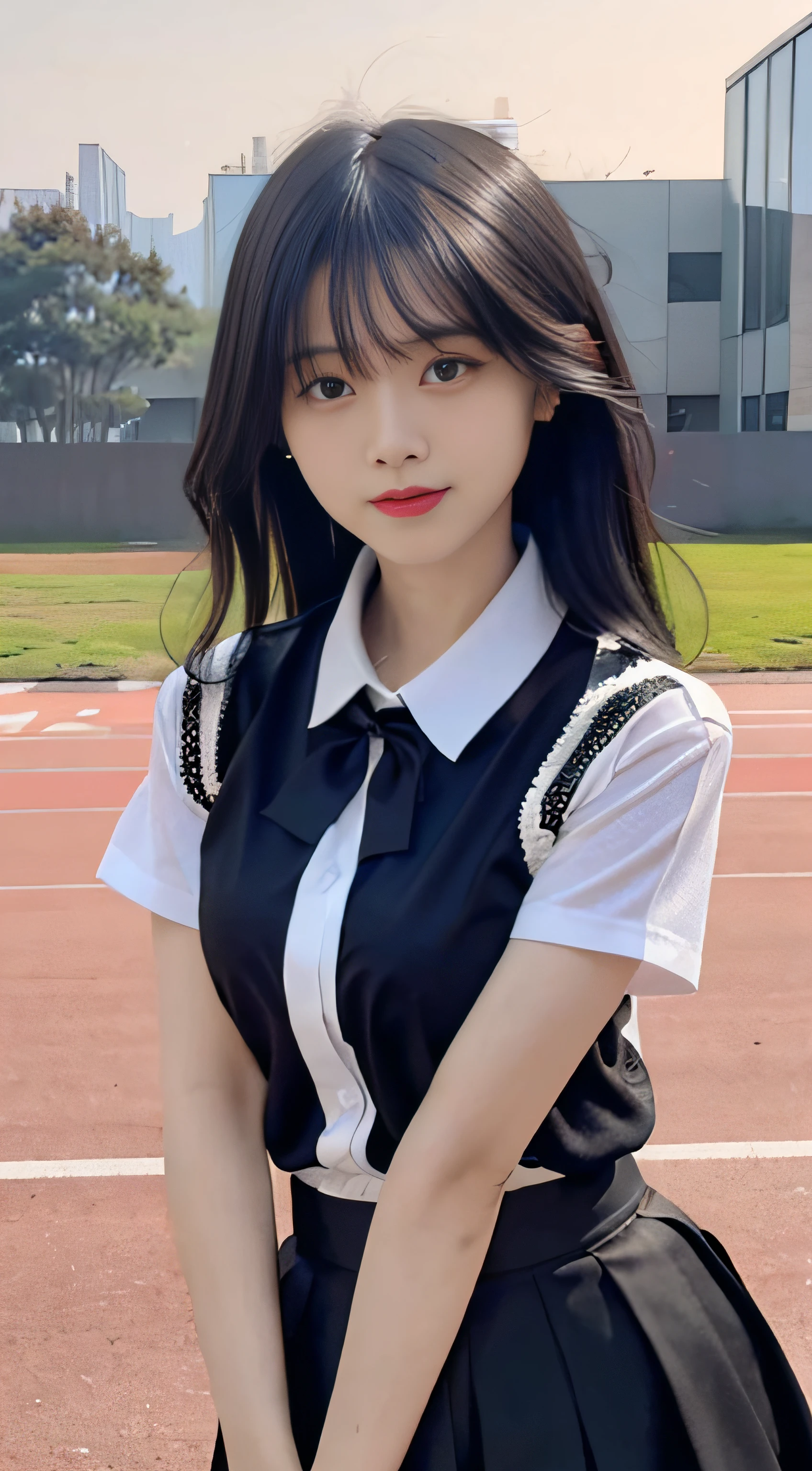 (4K, RAW photo, Best quality, Masterpiece: 1.3), (Real, photoreali: 1.37), (Night), (view the viewer: 1.331), (Black hair), posing on a, School playground, Night scene, Gentle light, 1girll, Beautiful face, Bust photo, Random hairstyle, Random expression, Big eyes, belly, (short- sleeved.JK_shirt), JK_Style, (Crimson JK_Skirt) ,(Bow jk_tie),Solo,