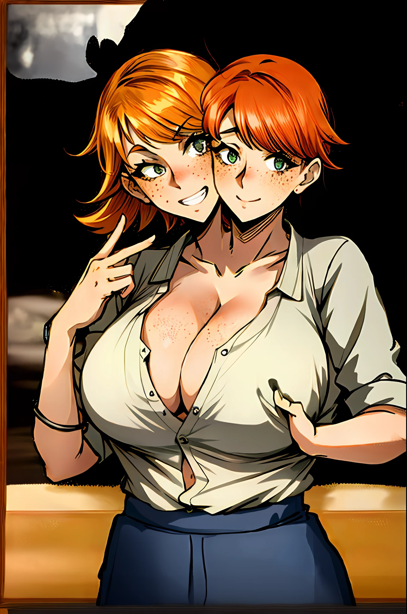 2heads, a short chubby woman with 2 heads. She has massive breasts. She is wearing a plaid shirt with a pattern. She is wearing beige pants. She is very short. Her breasts are gigantic. Her shirt is unbuttoned. She is blushing. She has freckles. She has freckles on her breasts. She is short. She has huge boobs. She has orange hair. She is in a log cabin. She has enormous breasts.