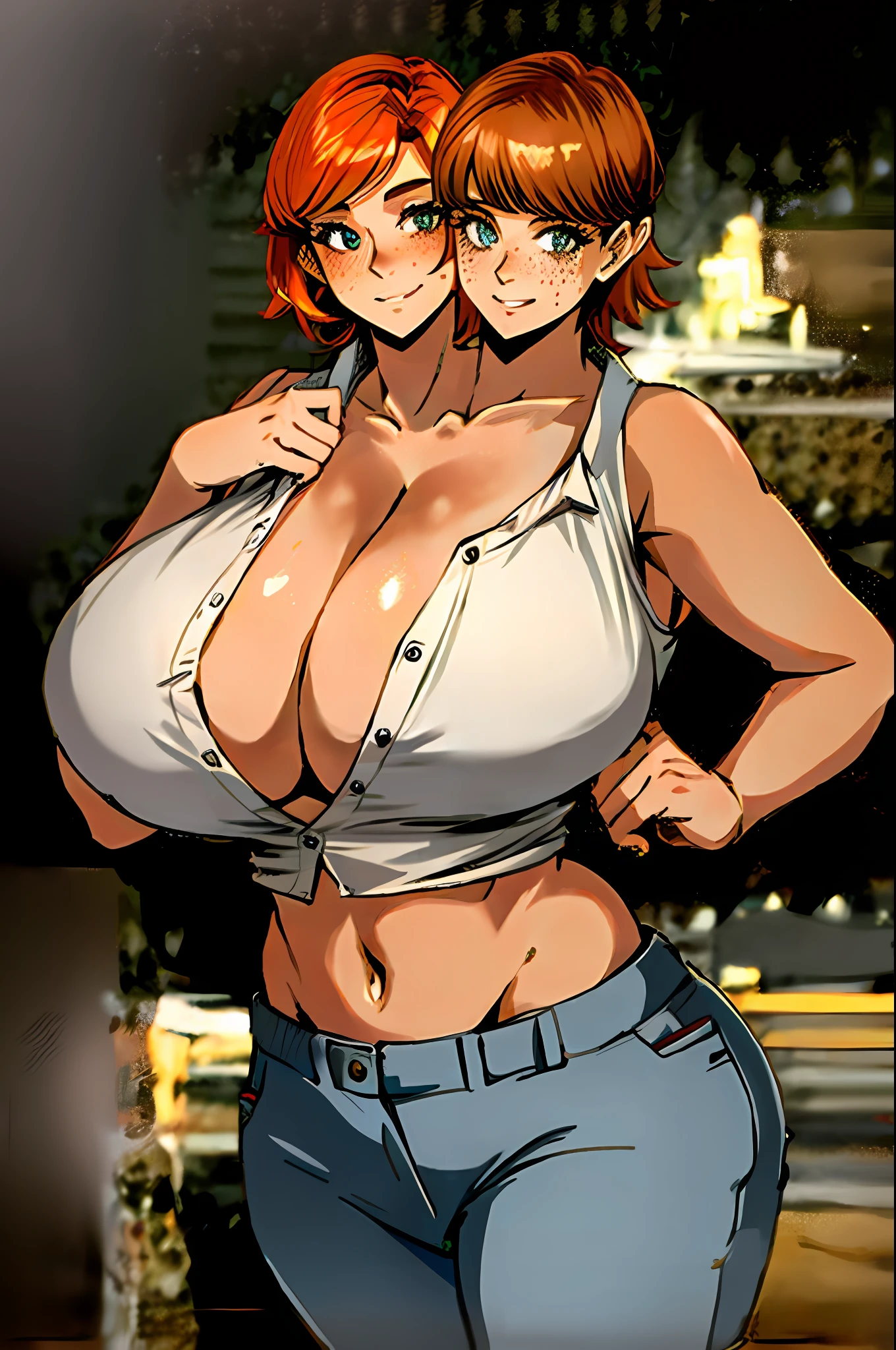 2heads, a short chubby woman with 2 heads. She has massive breasts. She is wearing a plaid shirt with a pattern. She is wearing beige pants. She is very short. Her breasts are gigantic. Her shirt is unbuttoned. She is blushing. She has freckles. She has freckles on her breasts. She is short. She has huge boobs. She has orange hair. She is in a log cabin. She has enormous breasts.