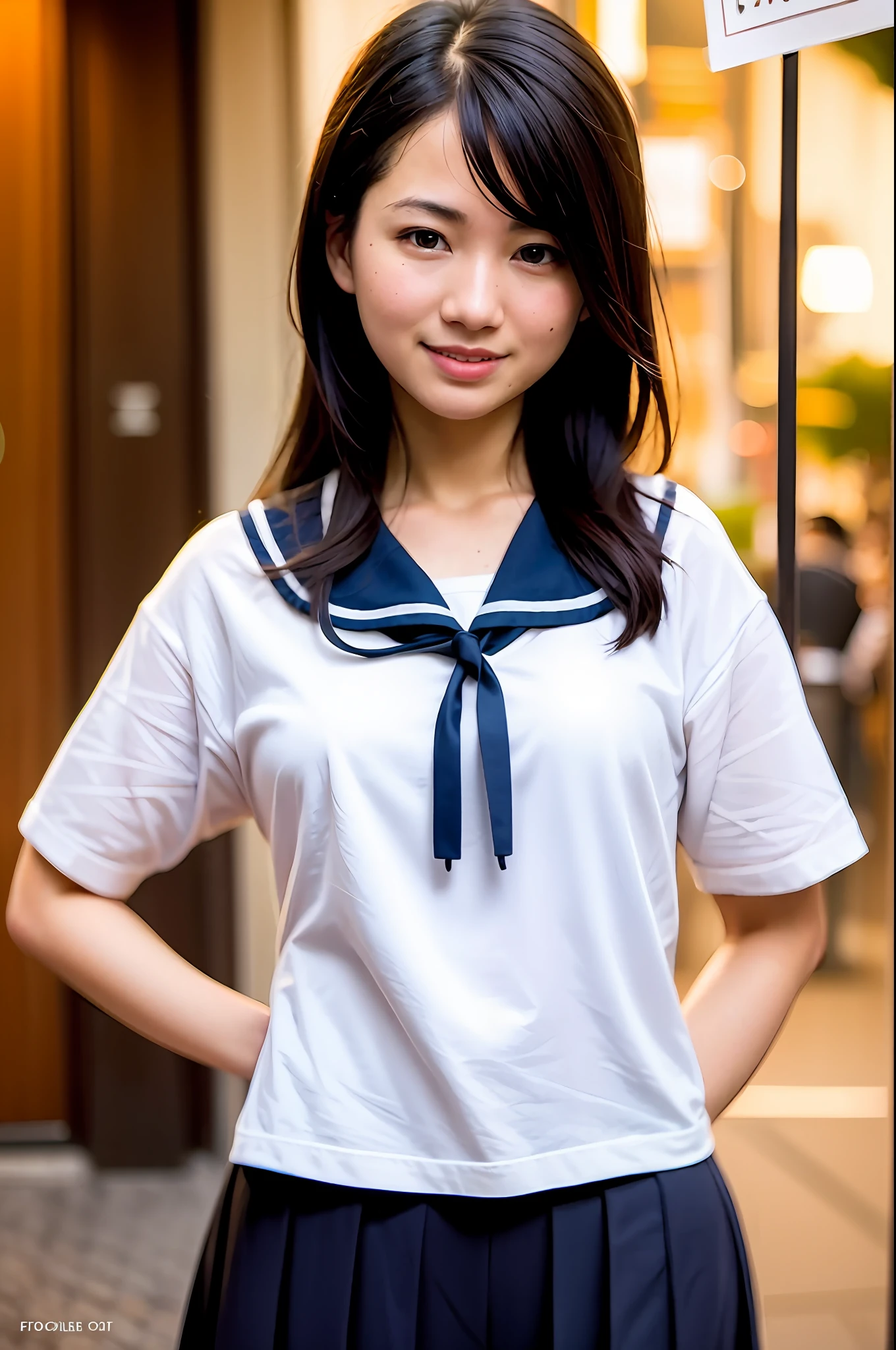 (extremely detailed CG unity 8k wallpaper), (masterpiece), (best quality), (ultra-detailed), (best illustration), (best shadow), (photorealistic:1.6), real human skin, lens flare, shade, backlighting, bloom, depth of field, natural lighting, hard focus, film grain, look at the viewer, asian, kpop idol:1.2, mix4, 1 girl, 21 yo, solo, skinny, pale skin, soft lips, (light eyebrow:1.4),shiny brown eyes, black straight hair, small breasts, beautiful detailed sky, street(crowd:1.2), night, (nose blush), beautiful detailed eyes, white japanese school uniform, sailor suit, black pleated skirt, stockings, sneakers, happy, smile