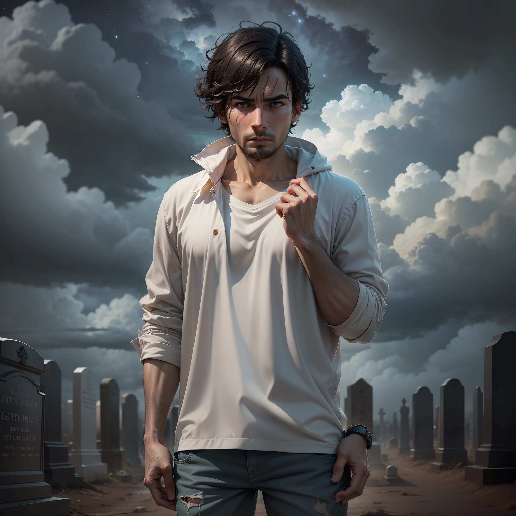 ultra realistic and extremely detailed image of a man wearing plain white clothes dirty with dirt, short dirty black hair, standing in a night cemetery, night sky with heavy clouds, pensive face