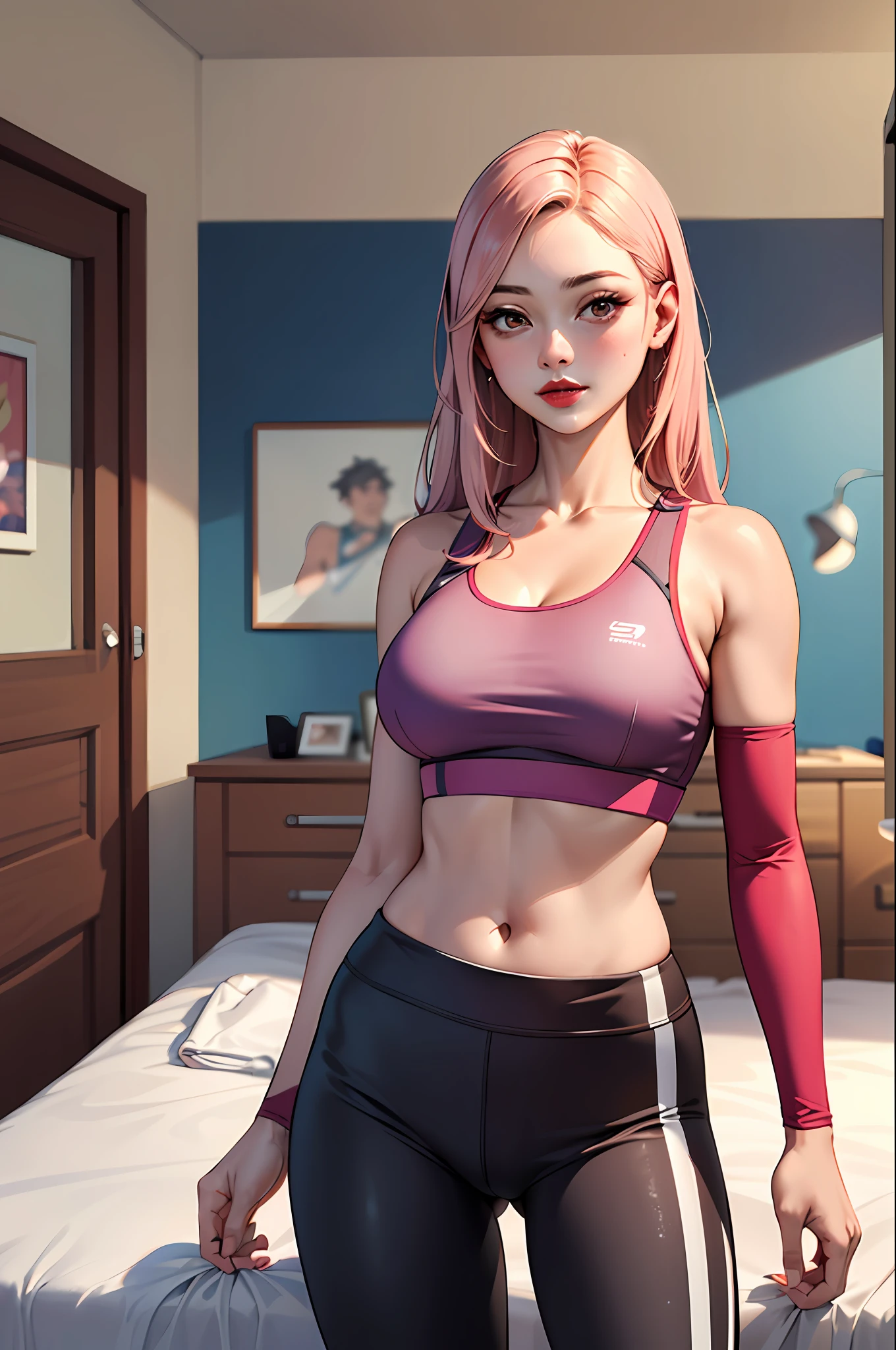 (masterpiece:1.4)、(top-quality:1.4)、
1girl in, Sports bra and pastel colored sports leggings, (Arm sleeve), large full breasts, length hair, looking at the viewers, Bedroom, 独奏 ,realisitic,(shinny skin),(masterpiece:1.4),(top-quality:1.4),red-lips