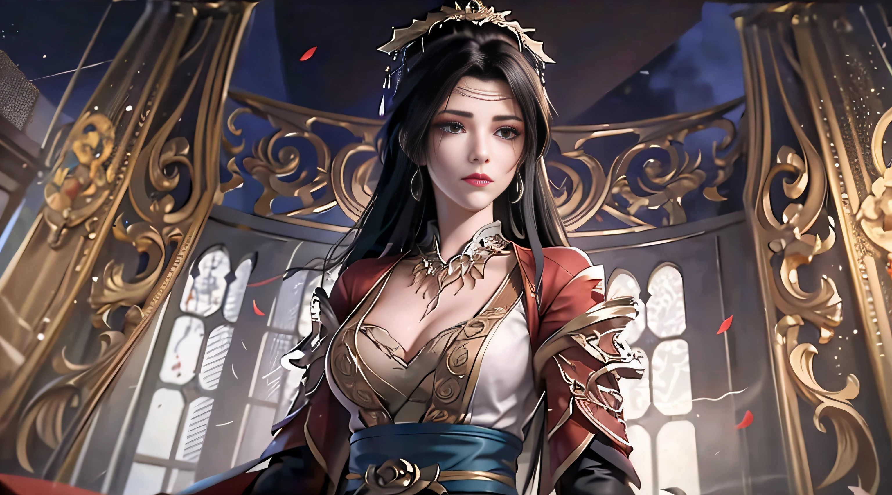 best qualtiy，tmasterpiece，Extremely Delicately Beautiful，The is very detailed，CG，unified，8k wallpaper，Beautiful Meticulous Girl，（very vey very detailed face）， 1girll，独奏，full bodyesbian，Stand in a festive room，Wearing a long red dress，large tities