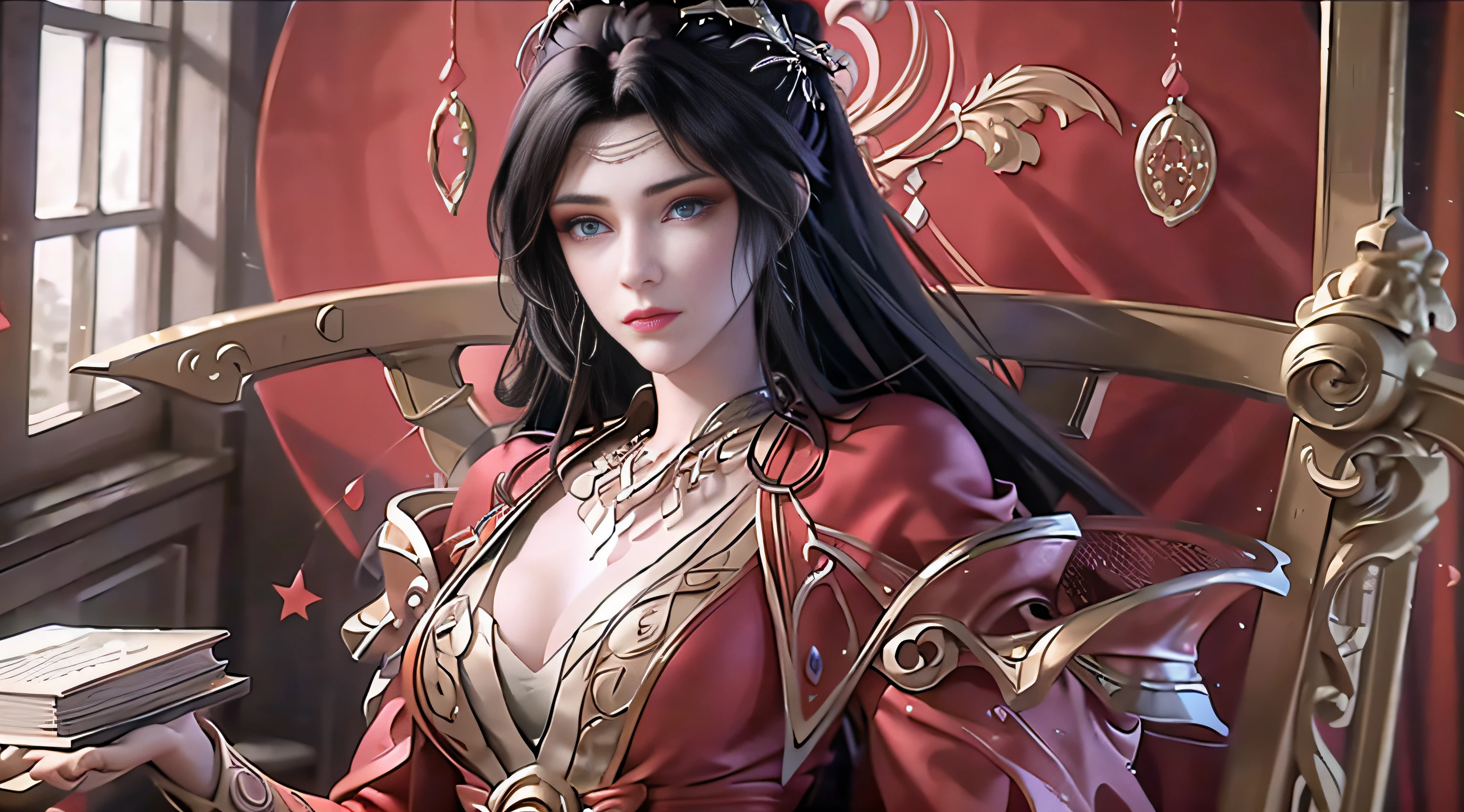 best qualtiy，tmasterpiece，Extremely Delicately Beautiful，The is very detailed，CG，unified，8k wallpaper，Beautiful Meticulous Girl，（very vey very detailed face）， 1girll，独奏，full bodyesbian，Stand in a festive room，Wearing a long red dress，large tities