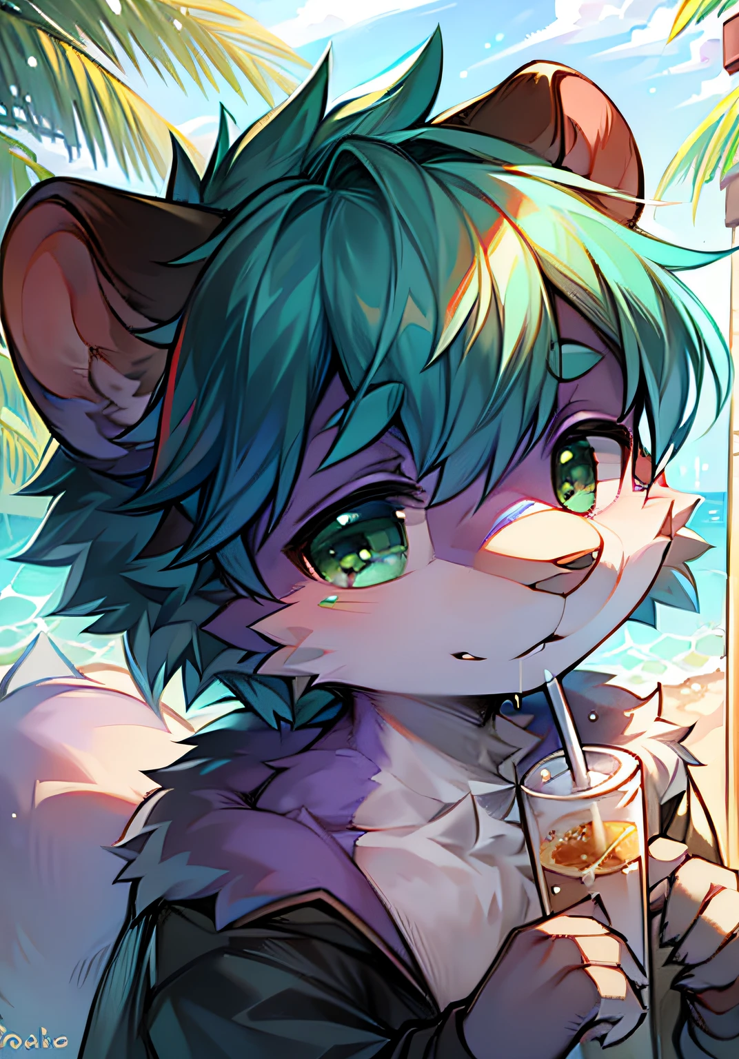 Bright environment,Summer Street,rays of sunshine,in a panoramic view,solo person,Character focus,shaggy,shaggy male,(Hairy all over,Furry tail,Light purple fur,green-eyed,dark-blue hair,Dull hair),(rodent,Drink yogurt,bareness)