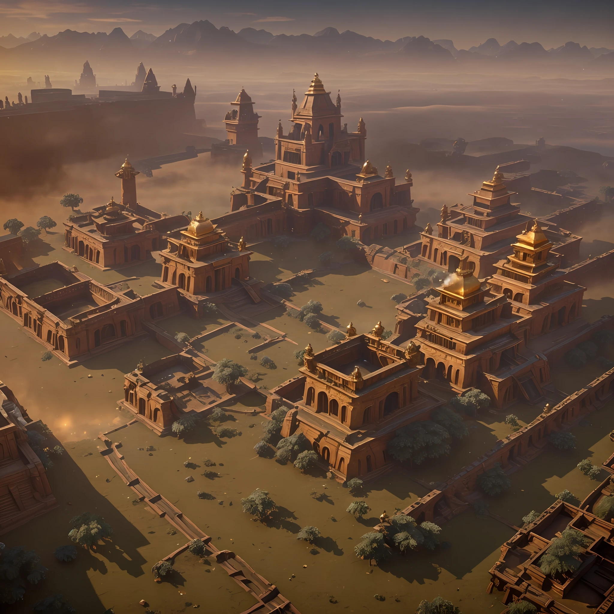 AErial shot of 5,000-year-old "" Golden "" indian city with Indian architecture. Ornate pillars, dozens of " intricate carvings temples spread across area large" and 100' of ((golden stone))palaces, houses Spread across large area and Surrounded by a moat and a high wall. Buiit on a grid system. low fog around. 3D Game Cinematic Feel, Epic 3D Videogame Graphics, Intricately Detailed, 8K Resolution, Dynamic Lighting, Unreal Engine 5, CryEngine, Trending on ArtStation, HDR, 3D Masterpiece, Unity Render, Perfect Composition