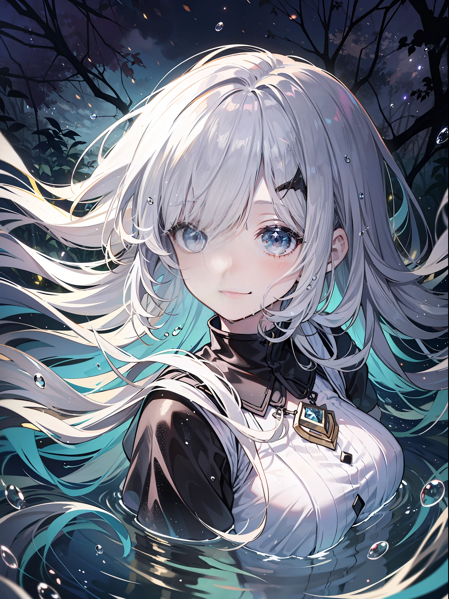 Fantastic and beautiful moonlight in pitch-black forest。View from above of a 15-year-old girl。(Wet silver bob hair)。A slight smil。I only wear a sheer long white cloth with beautiful lace decoration。The cloth is submerged in water。(Splashing in the dark forest lake at night)。(Hair or clothes are wet)。Splash。Wet hair bunches。Dripping water droplets。Fantastic fireflies float in the air、Light also reflects off water。Near and far law。Glitter effect。Dynamic composition with depth。Extremely high quality、high-level image quality、Extremely delicate drawing。Rarely seen workmanship