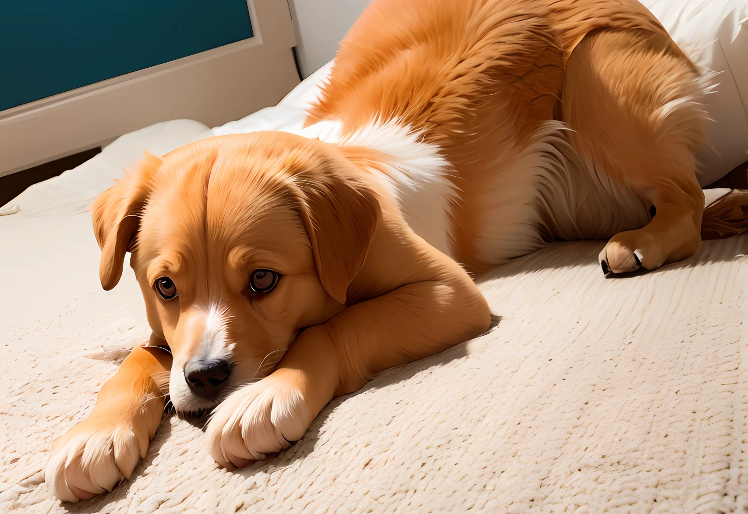 A ding dog is lying on the bed playing with a flat board and wearing orange clothes