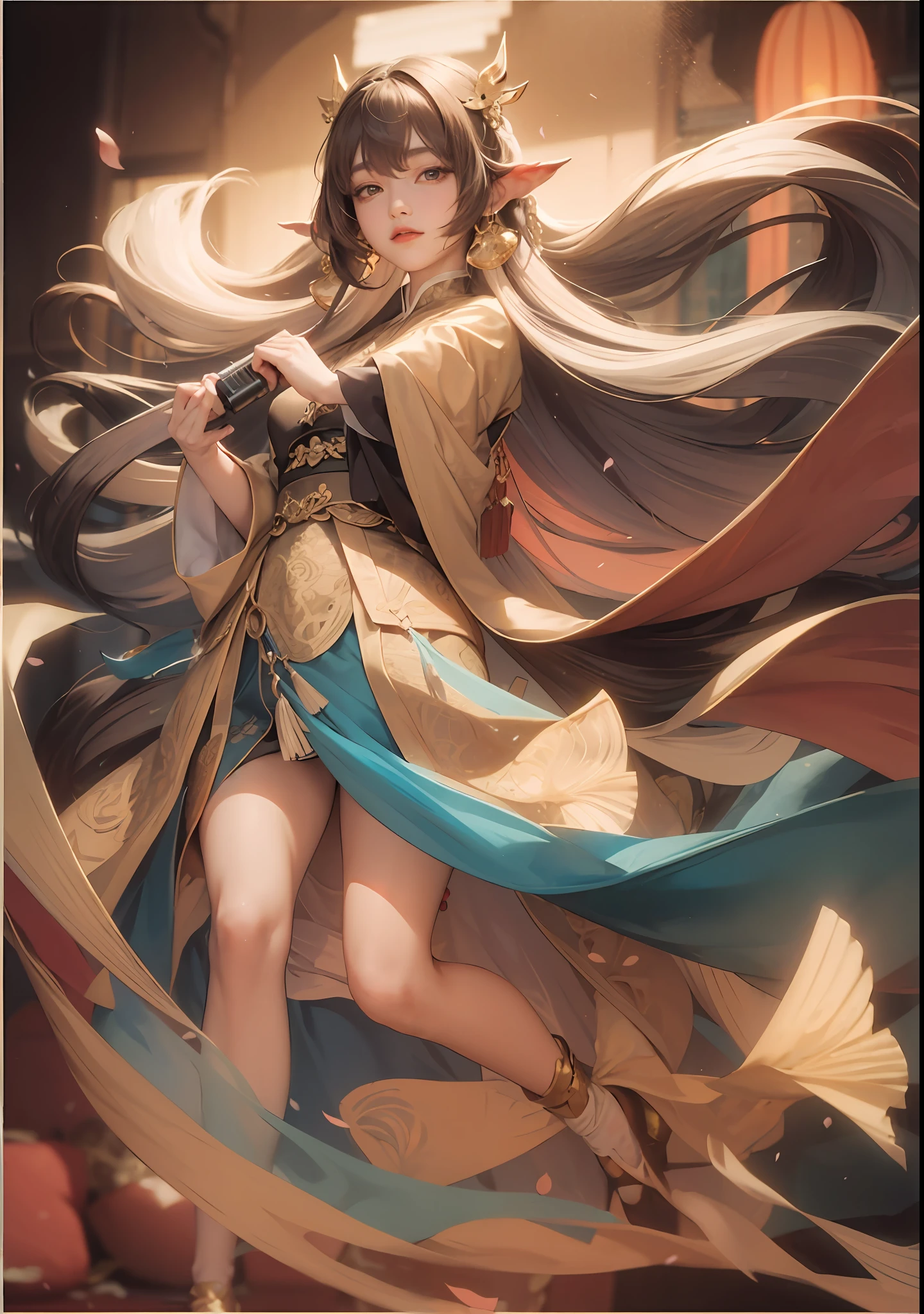 best quality, masterpiece, highres, (exquisite body:1.5),gorgeous face,(milky skin:1.3),intricate details,high resolution,wallpaper,
1girl, solo, dress, hair ornament, (((gold and red dress))), flowers, long hair, brown hair, closed mouth, jewelry, long sleeves, hand up, wide sleeves, big eyes,floating hair, chinese clothes, hanfu, embroidery, long skirt, natural pose, falling petals, indoor,fanning, lantern,
16K,HDR,highres,depth field,(film grain:1.1),boken,golden hour,(lens flare),vignette,rainbowing,(color grading:1.5)