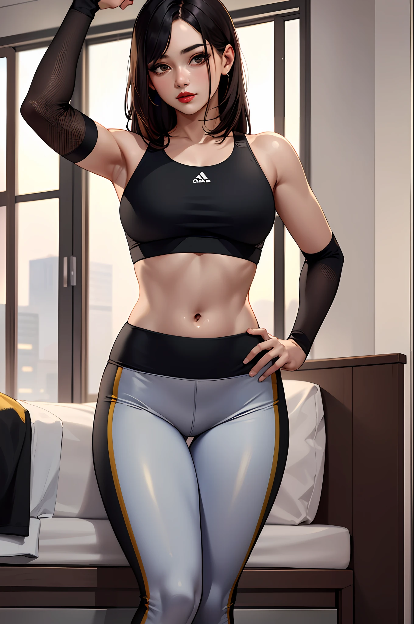 (​masterpiece:1.4)、(top-quality:1.4)、
1girl in, Sports bra and black and gold sports leggings、(Arm sleeve),length hair, looking at the viewers, Bedroom, 独奏 ,realisitic,(shinny skin),(​masterpiece:1.4),(top-quality:1.4),red-lips