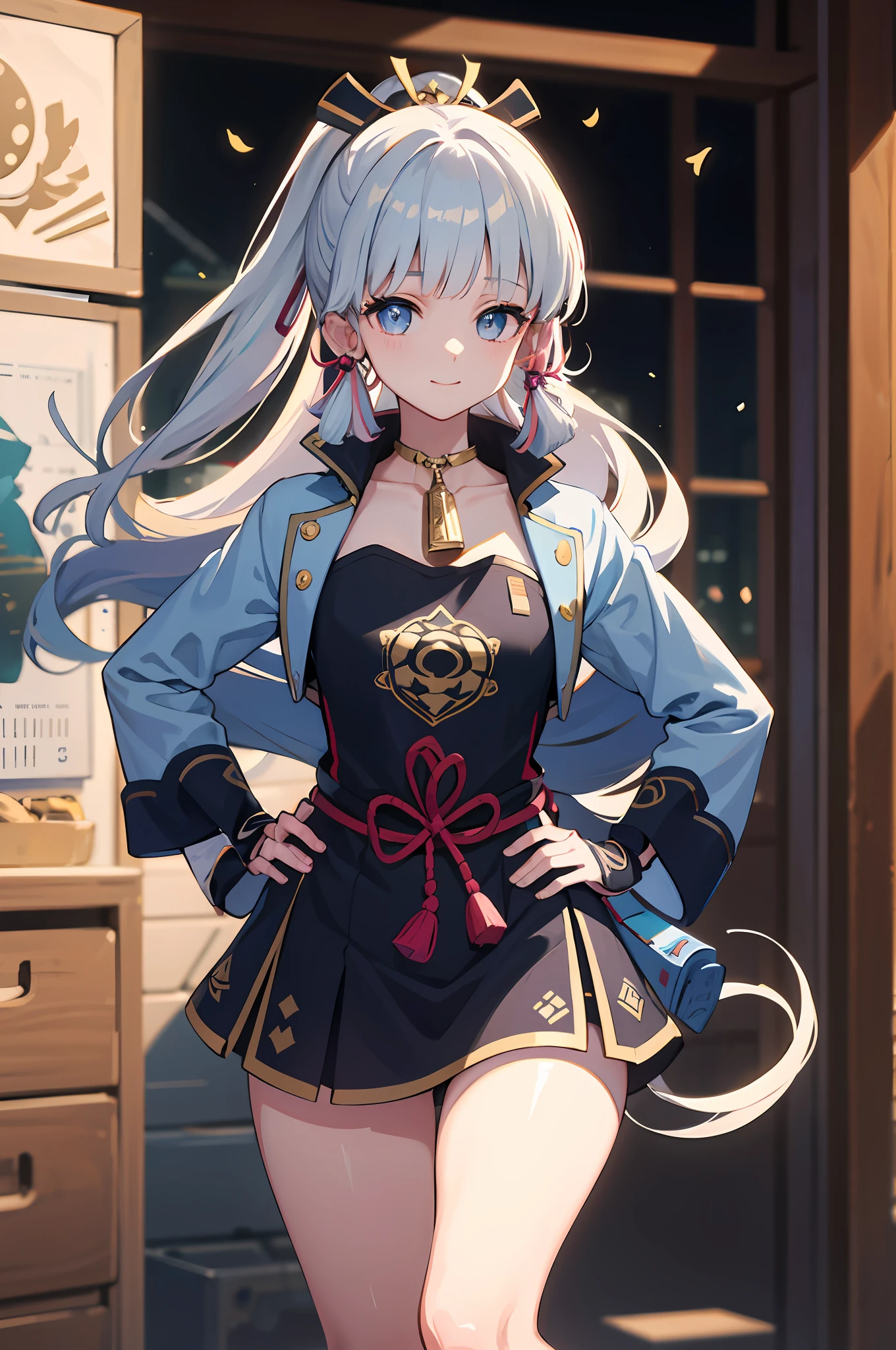 （（（tmasterpiece）））， 4K 分辨率， highly  detailed， （（Very detailed eyes）））， detailed back ground， cinmatic lighting， crystal shining eyes， high high quality， A high resolution， hyper-detailing， 8k， best qualtiy， 1girll， 独奏， shadowing， The light from the back window is backlighted， light particules， Thick lashes， Wide sleeves， thick thight， （tmasterpiece：1.3）， （best qualtiy：1.2）， （super fine illustrations：1.2）， （tmasterpiece）， high qulity， high detal， （独奏：1.4），（Circular image））， full bodyesbian， 1girll， Kamiasto ayaka， ssmile， Be red in the face， Keep one's mouth shut， cryokinesis， Black gloves， thick， Behind your arms， both hands on hip， Place a hand on your chest， villages