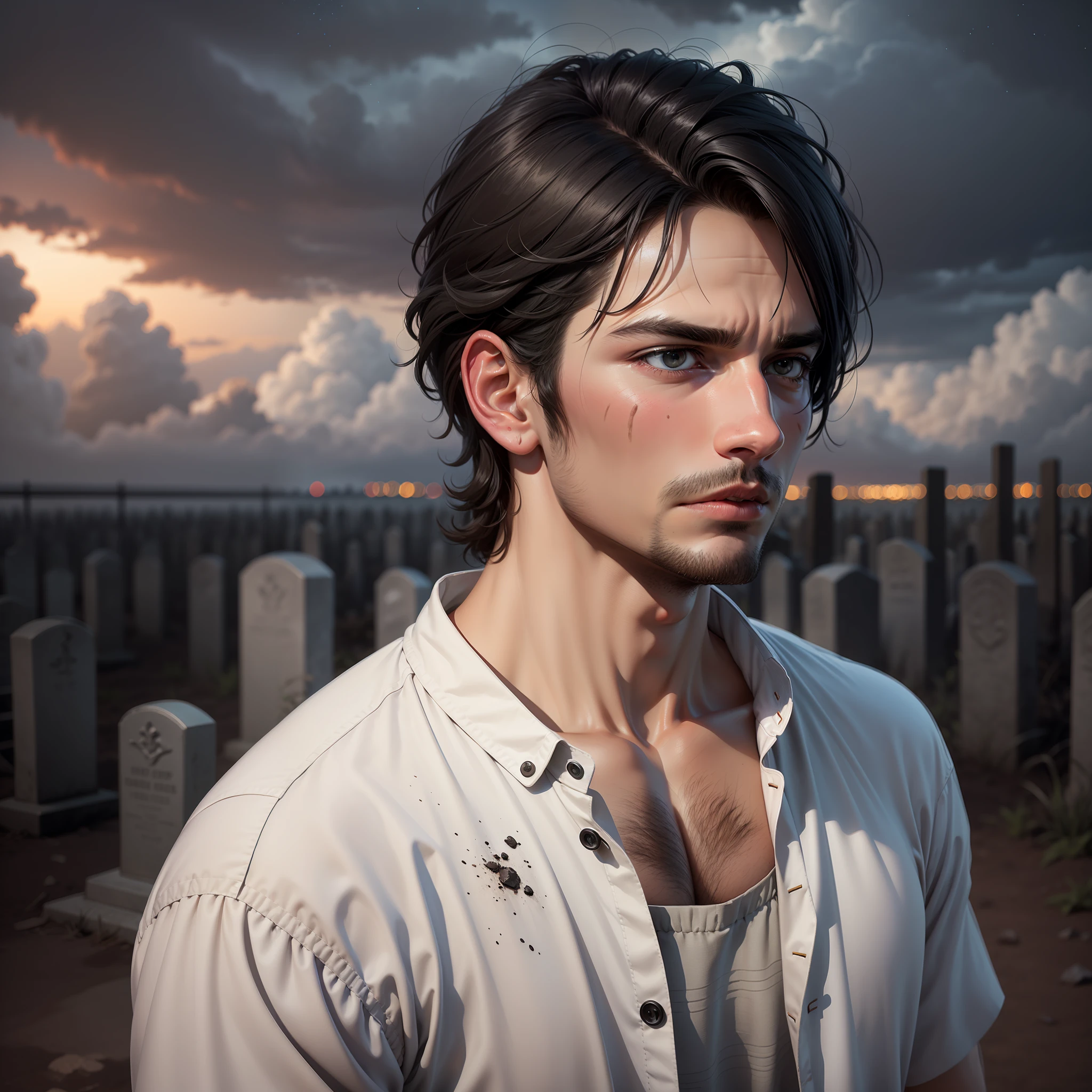 ultra realistic and extremely detailed image of a man wearing plain white clothes dirty with dirt, short dirty black hair, standing in a night cemetery, night sky with heavy clouds, pensive face