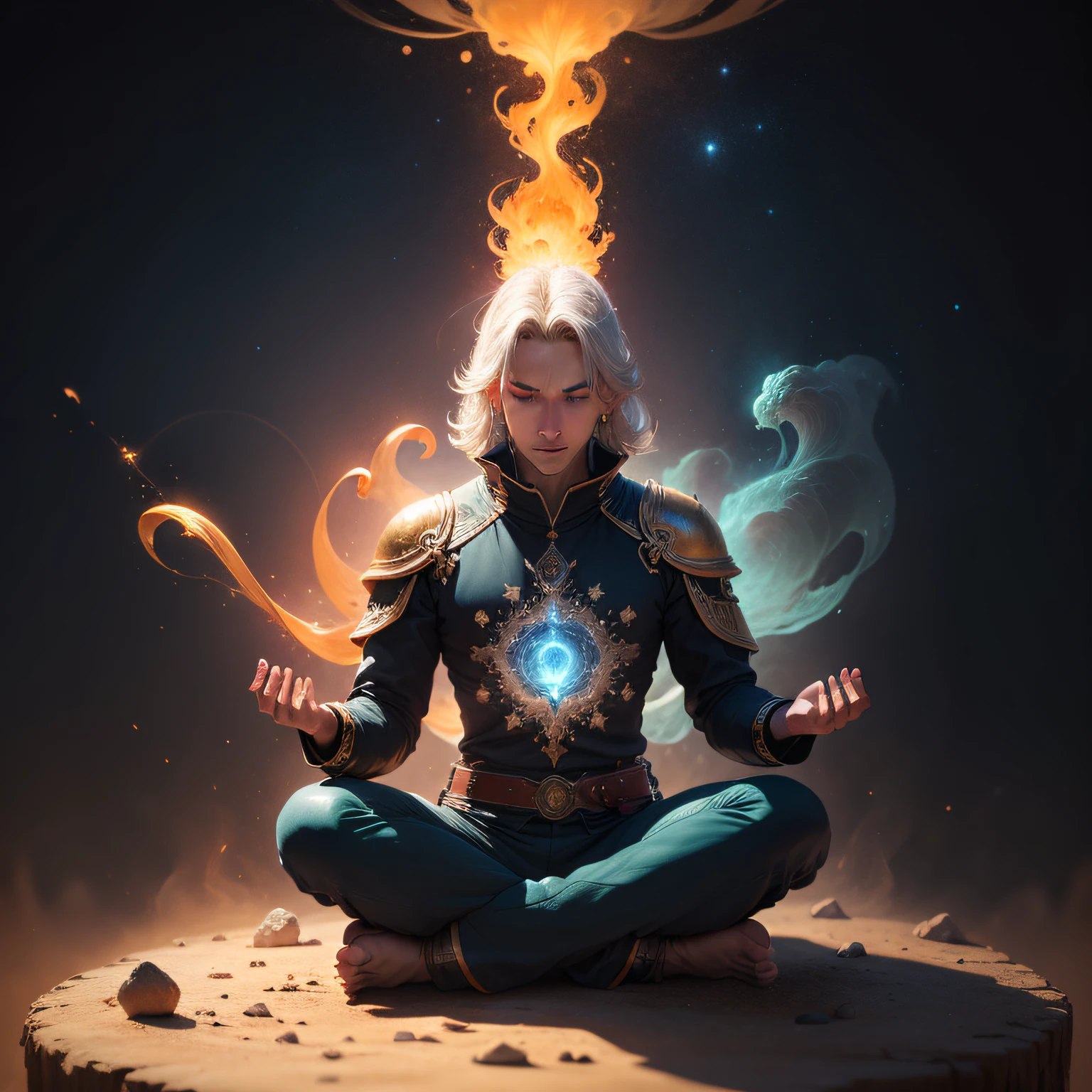 ((meditation:1.2, equilibrium),(Deus:1.3, fogo azul:1.2, fogo vermelho:1.2)),retrato, sitting in the lotus pose, (1 homem), calm expression, strong build, cabelo preto ondulado, Olhos azuis Brilhantes, pele brilhante, detalhes finos, mystic atmosphere, cosmic ambient .