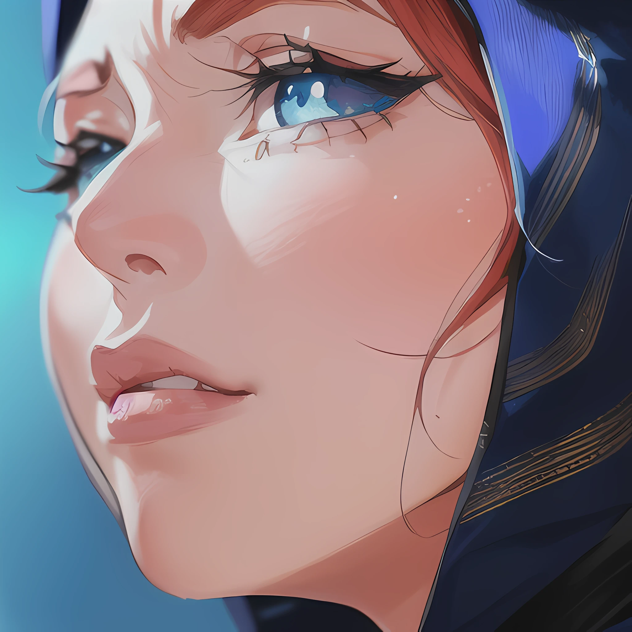 ((close up portrait of middled age woman with a hood on & with big huge giant blue eyes & tiny nose & closed wide thick mouth!!!:1.5)), she is looking at the camera & her expression is solemn, colorfull anime portait, colorfull anim4e profile, solemn expression, mysterious portrait of a woman, inspired by Naruto anime series, myself, mysterious portrait, mysterious eerie portrait, night!!! (((masterpiece))), (((best quality))), ((ultra-detailed)), (highly detailed anime illustration), ((an extremely delicate and beautiful)),(from side),cinematic light,((1anime woman)),solo, black background, extreme detailed,colorful,highest detailed