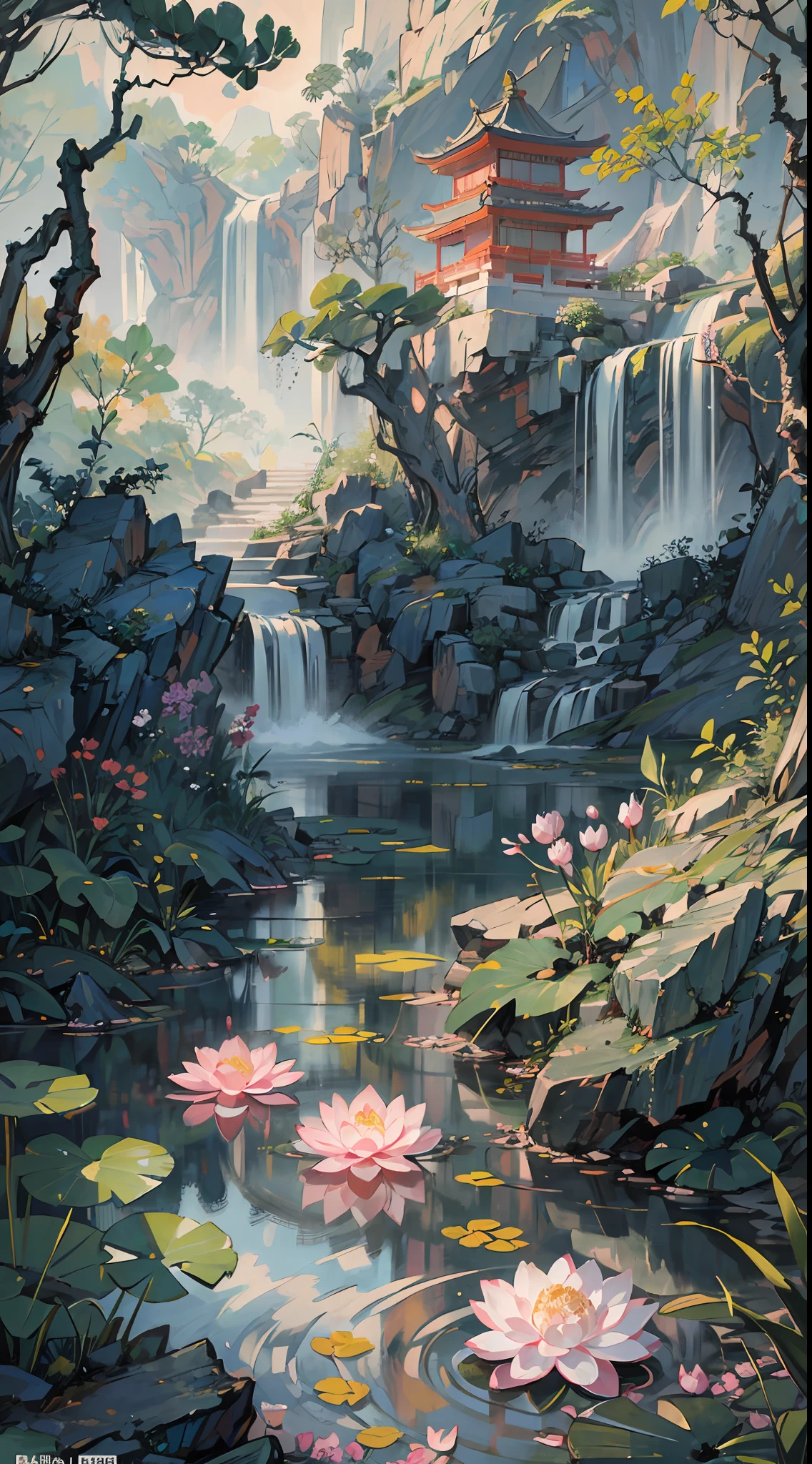 ((Best quality, masterpiece: 1.2)), CG, 8K, intricate details, cinematic perspective, (no one around), (Ancient Chinese garden), pond filled with lotus flowers, rocks, flowers, bamboo forests, waterfalls, wooded areas, small bridges spanning babbling streams, detailed foliage and flowers, (sunlight shining, sparkling waves), peaceful and serene atmosphere, ((soft and elegant colors)), ((exquisitely crafted composition))