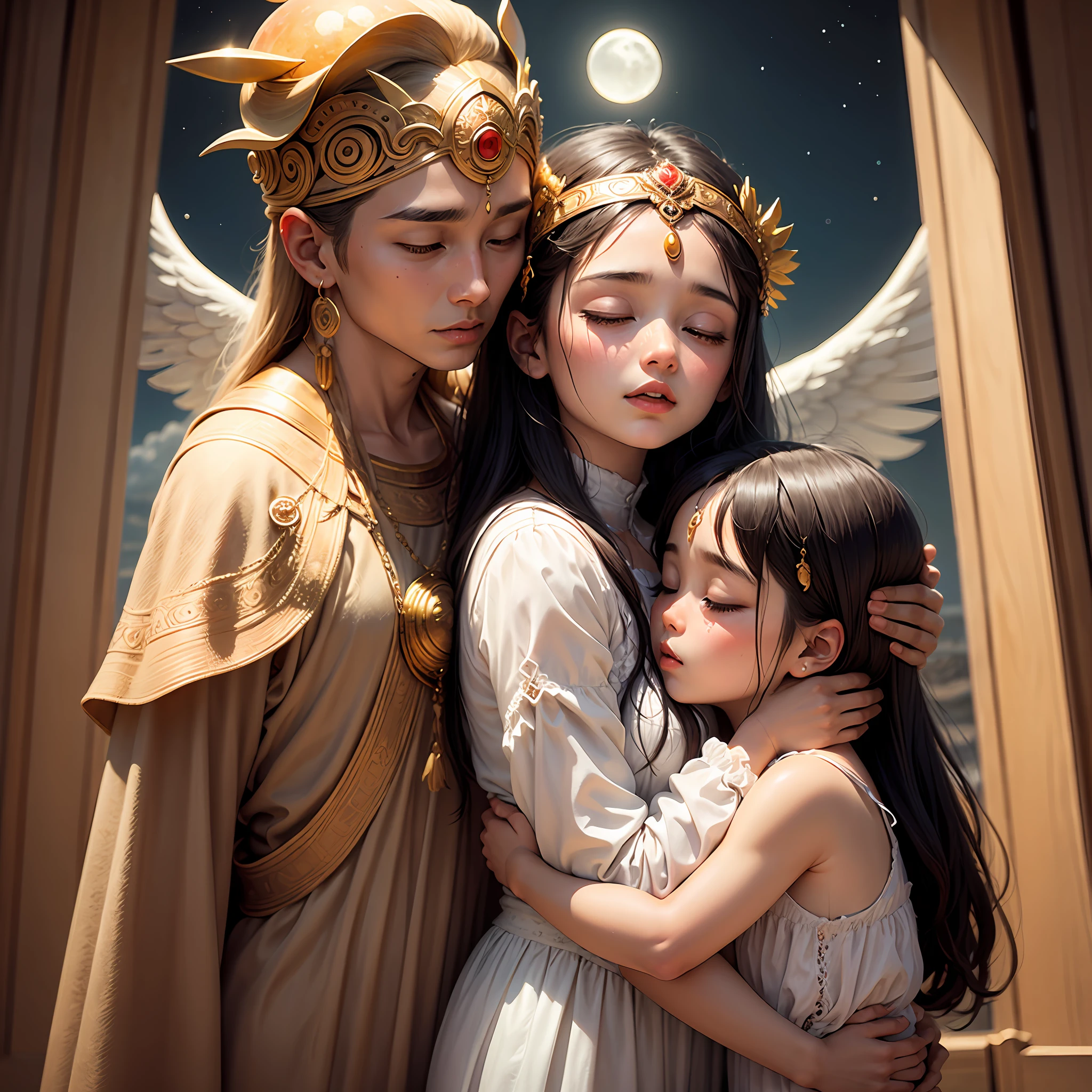 The sun god and the moon goddess hug the little angel next to them --auto