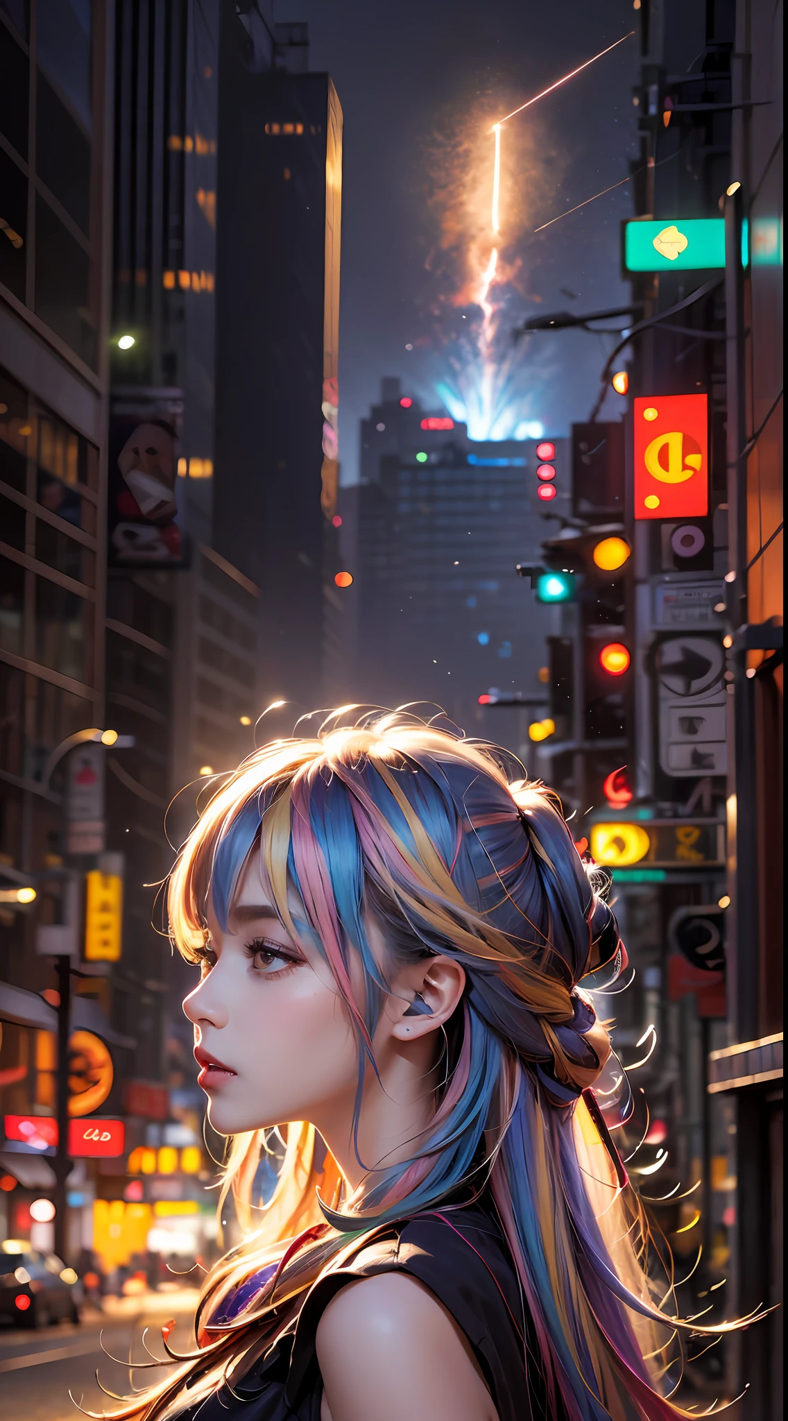 (masterpiece, high quality, highres,illustration), 1girl, galaxy multicolored hair in New york city playing with a lion at night with orange fog, cybercity,