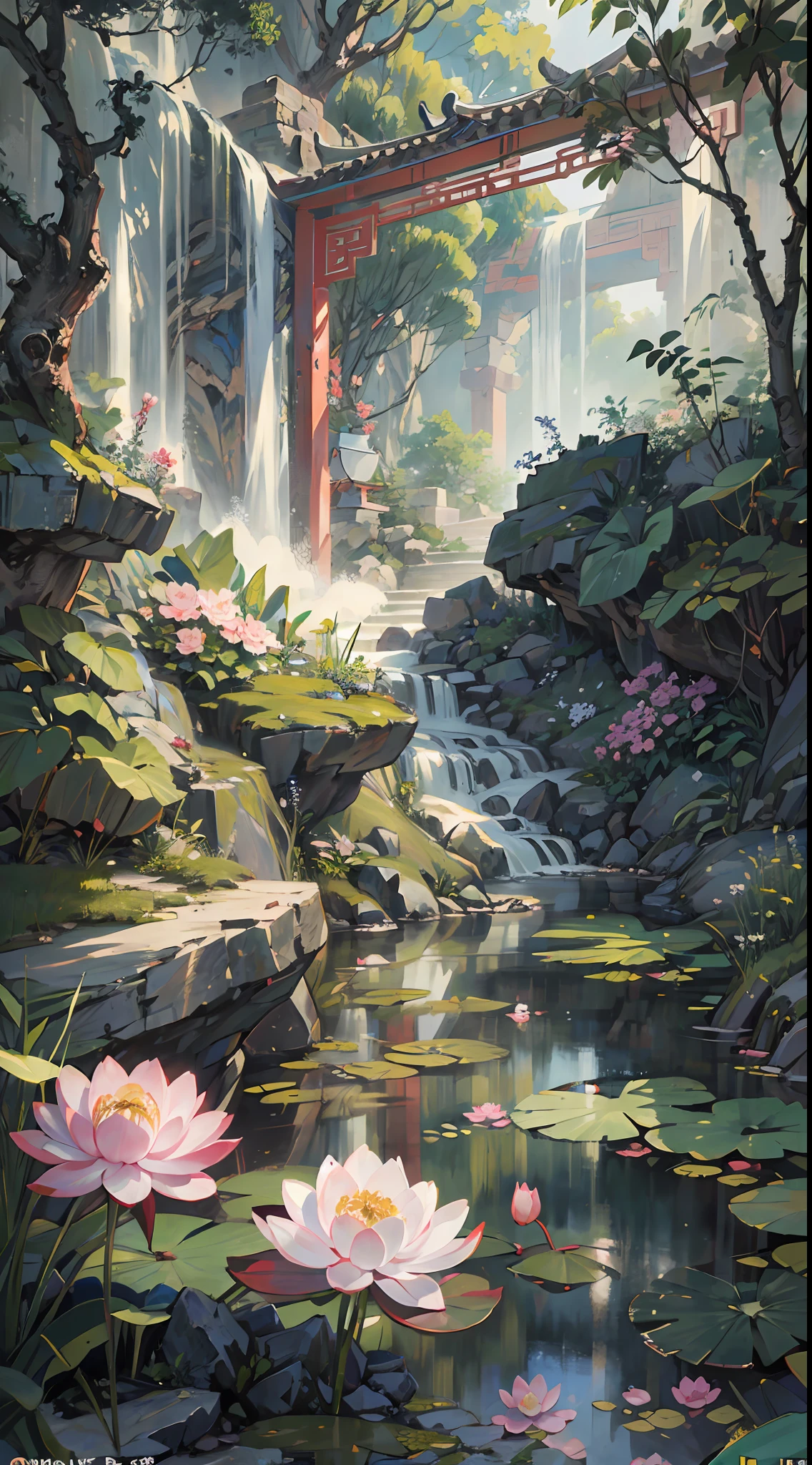 ((Best quality, masterpiece: 1.2)), CG, 8K, intricate details, cinematic perspective, (no one around), (Ancient Chinese garden), pond filled with lotus flowers, rocks, flowers, bamboo forests, waterfalls, wooded areas, small bridges spanning babbling streams, detailed foliage and flowers, (sunlight shining, sparkling waves), peaceful and serene atmosphere, ((soft and elegant colors)), ((exquisitely crafted composition))