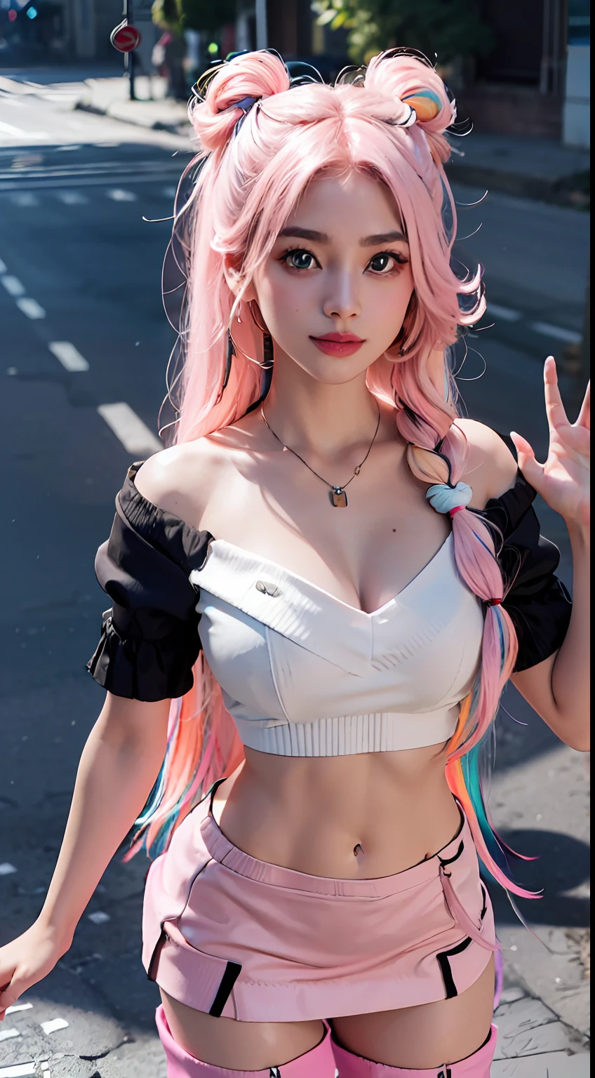(quality:1),(ultra highres:1),wallpaper,detailed illustration,detailed beautiful skin,dewy skin,sweaty skin,(natural pose:1.5),(front focus),solo,1girl,bare shoulders,blue eyes,animal ears,half naked,alternate hairstyle,light smile,hair ornament,braided hair,((multicolored hair,very long pink hair:1.5)),(she has a pretty face:1.6),(beautiful big eyes:1.6),smile,cute,young,cute face,pretty face,realistic face,make up,powder blusher,beautifully detailed eyes,drooping eyes,round eyes,large blue eyes,beautiful and clear eyes,eye make up,eye shadow,double eyelid,(20 years old:1.2),cute girl,famous japanese idol,(street:2),(miniskirt:2),(product girl,perfect figure:1.6),perfect fingers, butterfly tattoo,