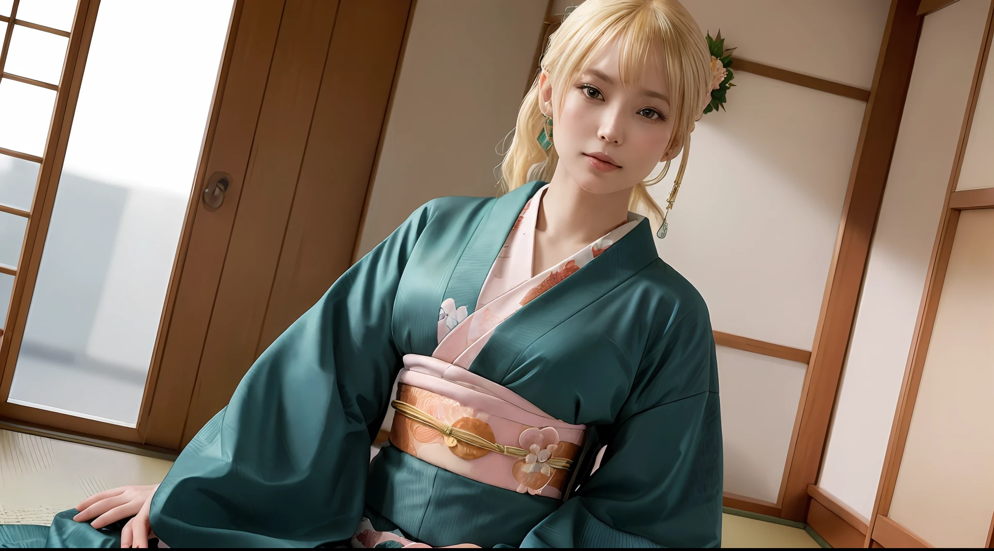 best quality, masterpiece, beautiful face with tiny lips, (photo photo-realistic:1.3), edge lighting, (high detail skin:1.2), 8k ultra hd, DSLR, high quality, high resolution, 72k, bokeh, absurd, best ratio four fingers and one thumb, kimono,((1girl), (emerald eyes), (long ponytail hair, blonde hair, front bangs), (cute face,beautiful face, simetric face, japan artist face), (small body, short, big chest,g cup)) , ((shrine), (kimono, dynamic pose, full body potrait, wide angle))