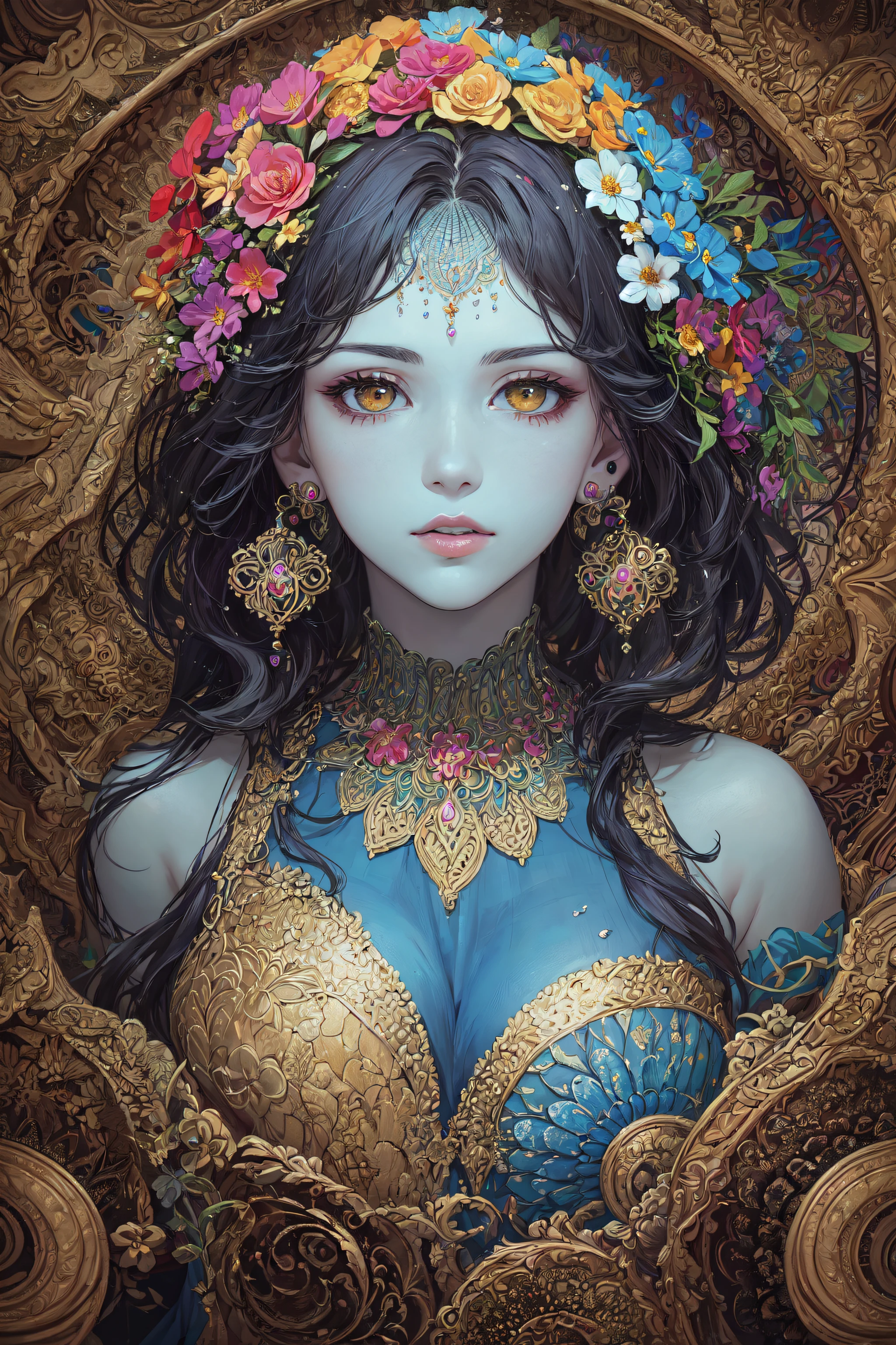 (masterpiece, top quality, best quality, official art, beautiful and aesthetic:1.2), (1girl:1.3), extremely detailed,(fractal art:1.1),(colorful:1.1)(flowers:1.3),highest detailed,(zentangle:1.2), (dynamic pose), (abstract background:1.3), (shiny skin), (many colors:1.4), ,(earrings:1.4),