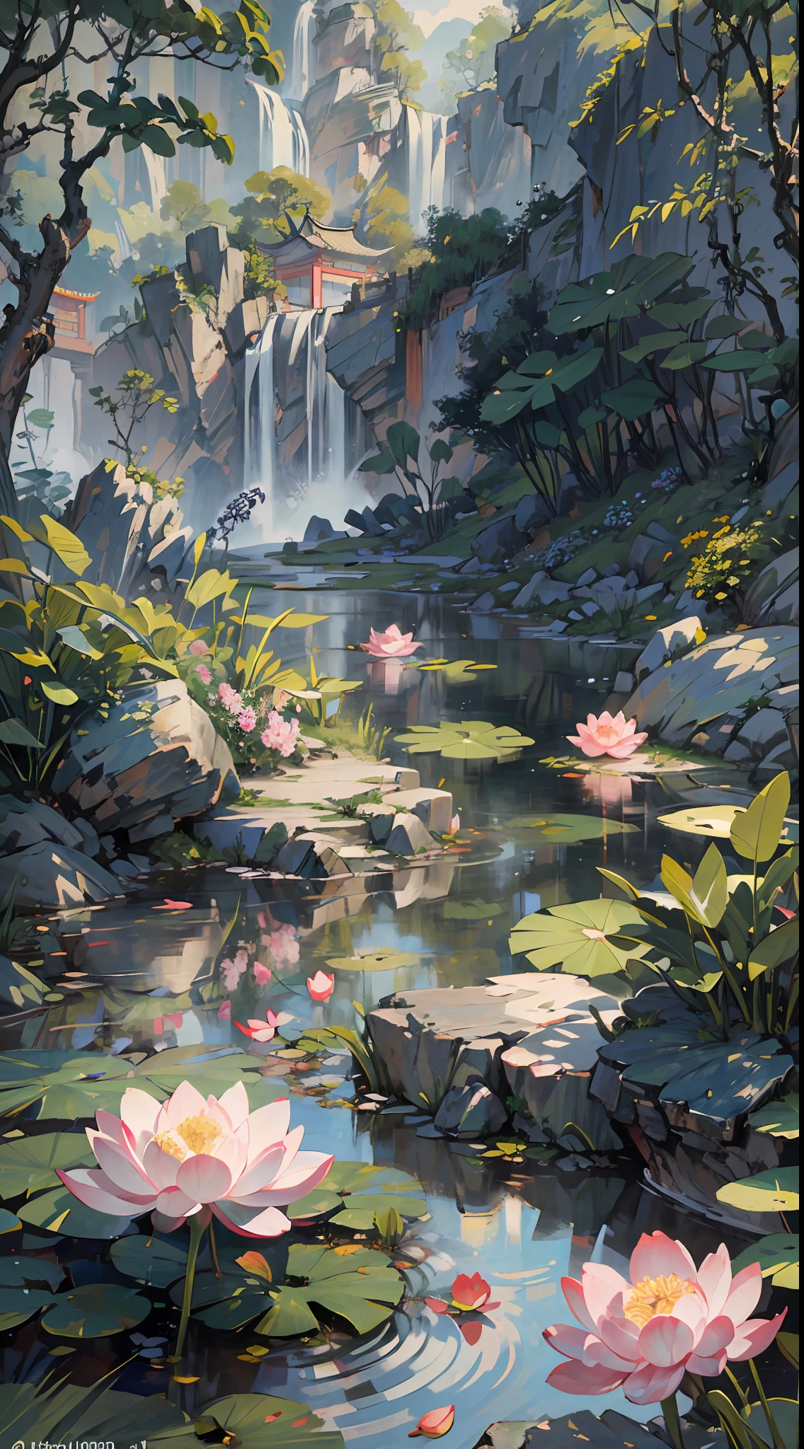 ((Best quality, masterpiece: 1.2)), CG, 8K, intricate details, cinematic perspective, (no one around), (Ancient Chinese garden), pond filled with lotus flowers, rocks, flowers, bamboo forests, waterfalls, wooded areas, small bridges spanning babbling streams, detailed foliage and flowers, (sunlight shining, sparkling waves), peaceful and serene atmosphere, ((soft and elegant colors)), ((exquisitely crafted composition))