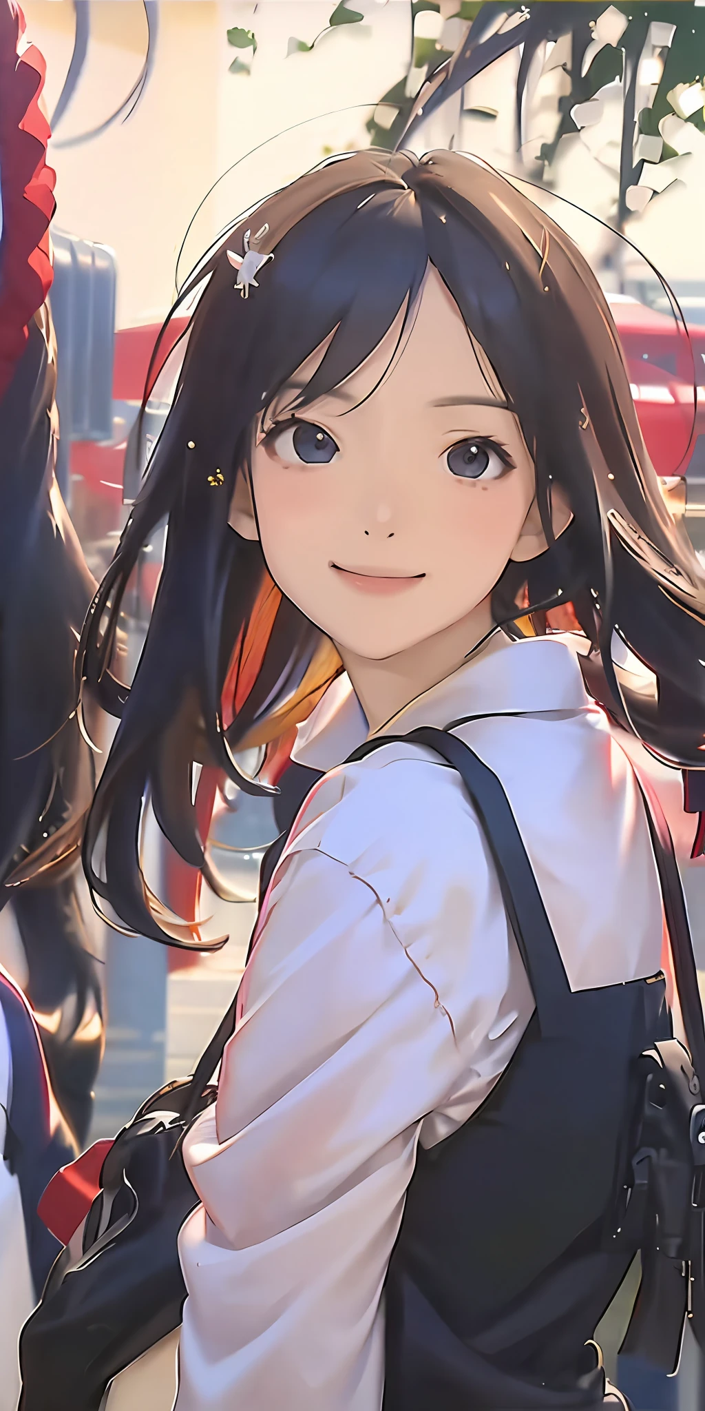 (masterpiece), best quality, ultra high res, close up, slim body, 1girl,school uniform, long hair, laughing, ramen, night, Tokyo restaurant background, colorful lights, photon mapping, radiosity, physically-based rendering, cinematic lighting, intricate, High Detail, Sharp focus, dramatic, photorealistic