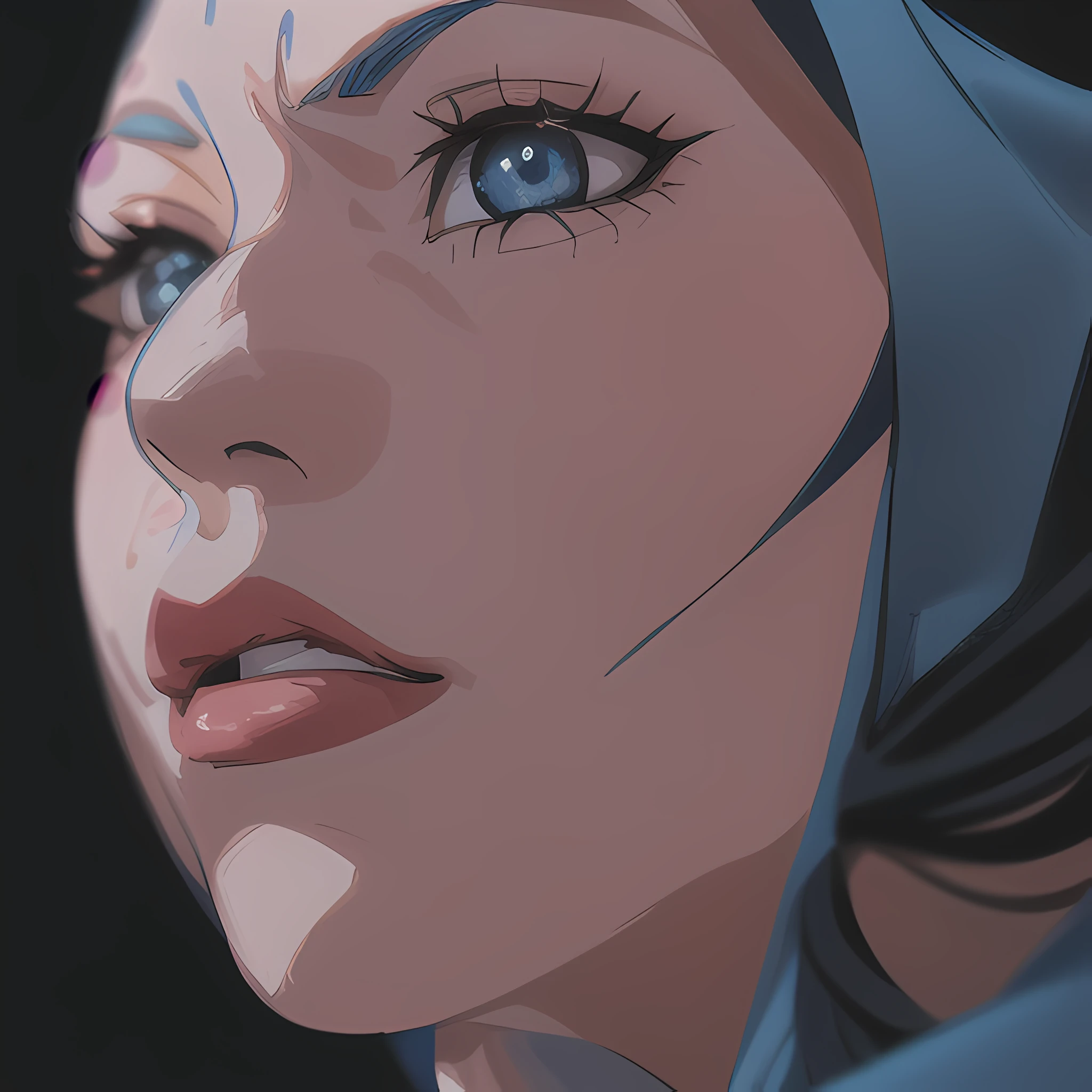 ((close up portrait of middled age woman with a hood on & with big huge giant blue eyes & tiny nose & closed wide thick mouth!!!:1.5)), she is looking at the camera & her expression is solemn, colorfull anime portait, colorfull anim4e profile, solemn expression, mysterious portrait of a woman, inspired by Naruto anime series, myself, mysterious portrait, mysterious eerie portrait, night!!! (((masterpiece))), (((best quality))), ((ultra-detailed)), (highly detailed anime illustration), ((an extremely delicate and beautiful)),(from side),cinematic light,((1anime woman)),solo, black background, extreme detailed,colorful,highest detailed