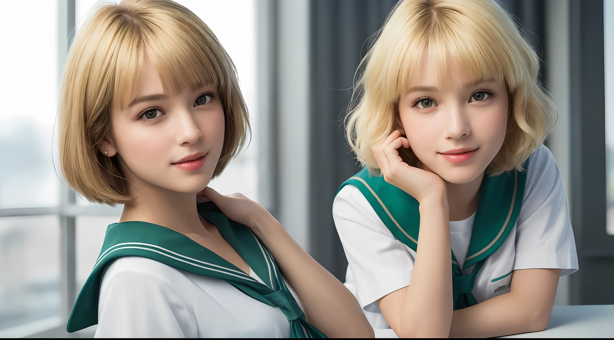 best quality, masterpiece, beautiful face with tiny lips, (photo photo-realistic:1.3), edge lighting, (high detail skin:1.2), 8k ultra hd, DSLR, high quality, high resolution, 72k, bokeh, absurd, best ratio four fingers and one thumb, sailor school uniform,((1girl), (emerald eyes, realistic eyes), (short hair, blonde hair, front bangs), (cute face,beautiful face, simetric face), (small body, short, big chest,g cup)) ,  ((school), (cute pose, full body picture))