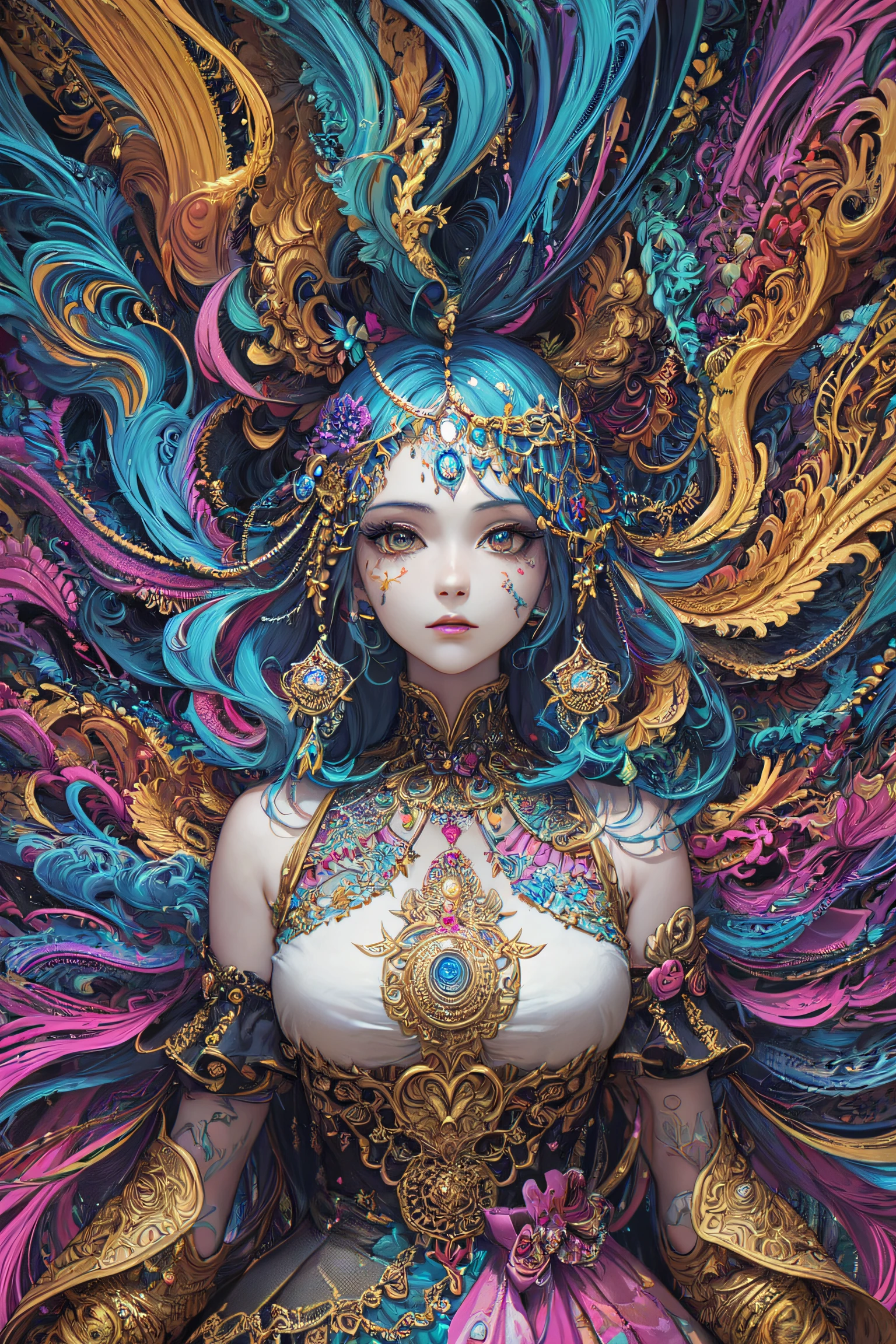 (masterpiece, top quality, best quality, official art, beautiful and aesthetic:1.2), (1girl:1.3), extremely detailed,(fractal art:1.2),colorful,highest detailed,(zentangle:1.2), (dynamic pose), (abstract background:1.5), (treditional dress:1.2), (shiny skin), (many colors:1.4), upper body