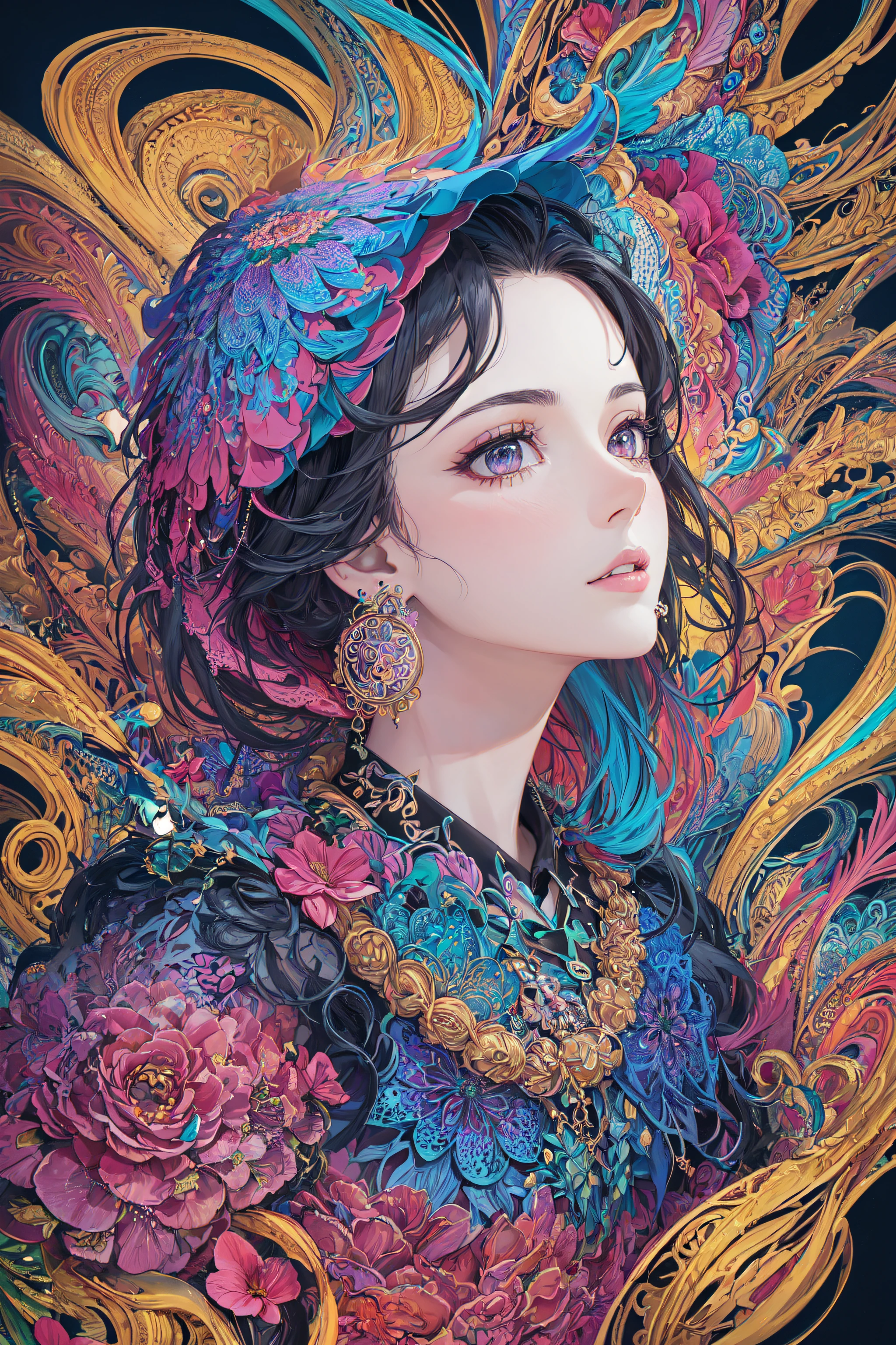 (masterpiece, top quality, best quality, official art, beautiful and aesthetic:1.2), (1girl:1.3), extremely detailed,(fractal art:1.1),(colorful:1.1)(flowers:1.3),highest detailed,(zentangle:1.2), (dynamic pose), (abstract background:1.3),  (shiny skin), (many colors:1.4), ,(earrings:1.4),