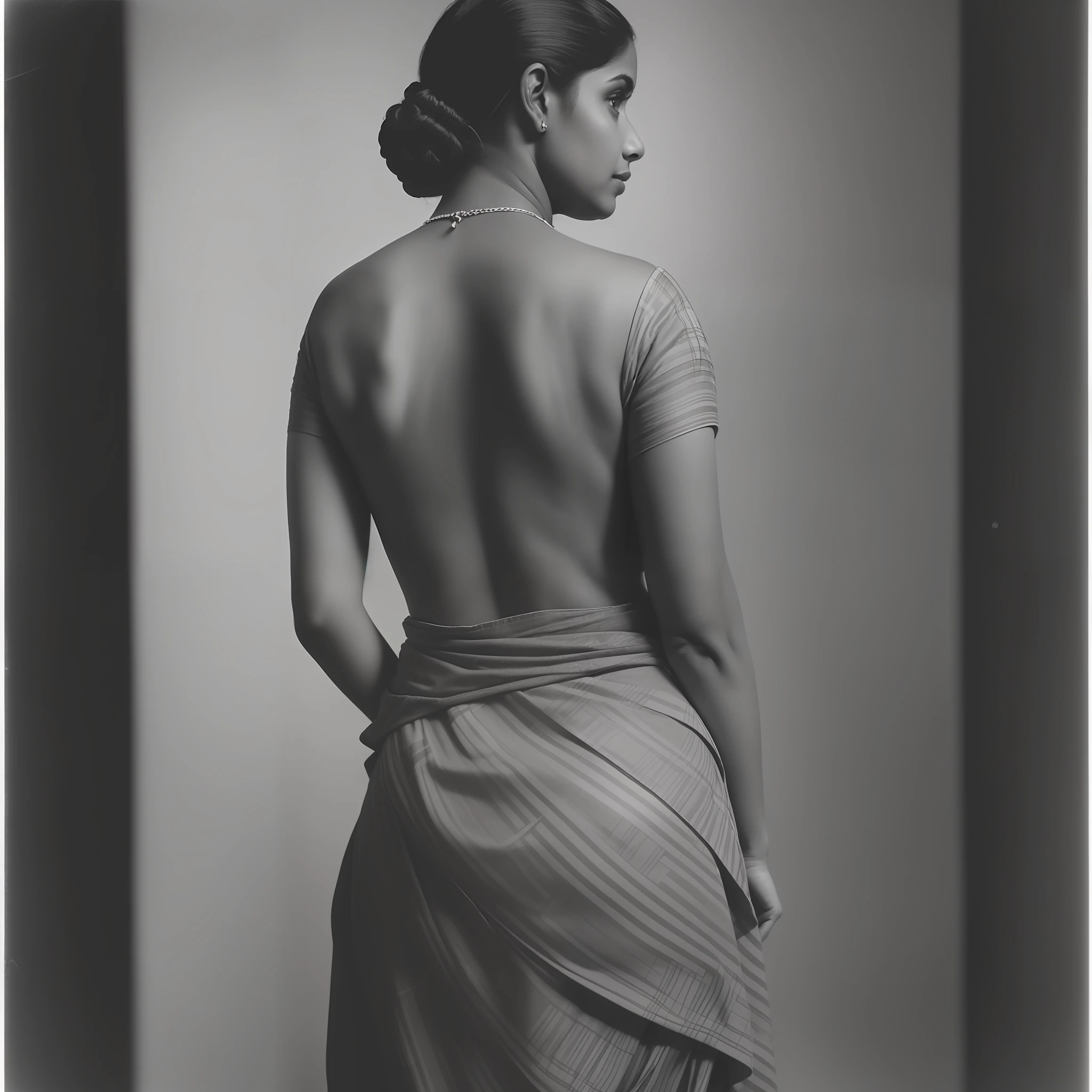 Indian Kerala woman,1910s, back view, bare back, wearing a wraparound skirt, (lehnert and landrock photography:1.3), looking at camera,monochromatic, ((photorealistic:1.3))