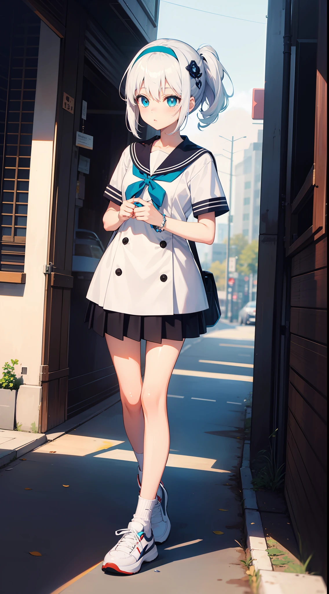 Anime characters with white hair and blue eyes, anime visual of a cute girl, Anime moe art style,Girl with short white hair, Shoujo white hair young anime girl, official character art,Heterochromic pupils,Wear high-top sneakers,White sailor suit with blue accent,red hairband,sitted,your legs,flatchest,Short ponytail hair,White high-top flats in hand,chiquita,Short pleated skirt,Full body photo