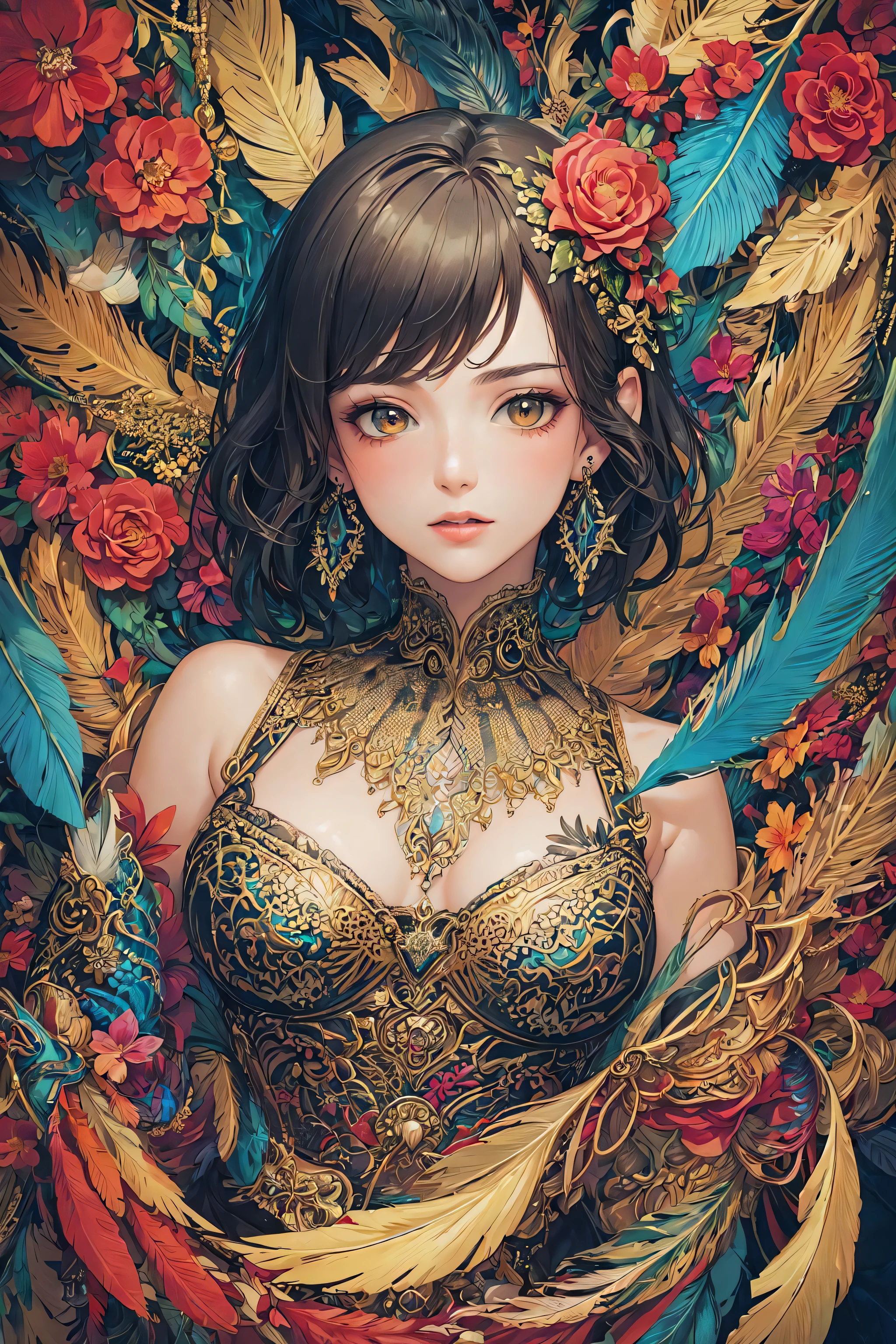 (masterpiece, top quality, best quality, official art, beautiful and aesthetic:1.2), (1girl:1.3), extremely detailed,(fractal art:1.1),(colorful:1.1)(flowers:1.3),highest detailed,(zentangle:1.2), (dynamic pose), (abstract background:1.3), (shiny skin), (many colors:1.4), ,(earrings:1.4), (feathers:1.4)