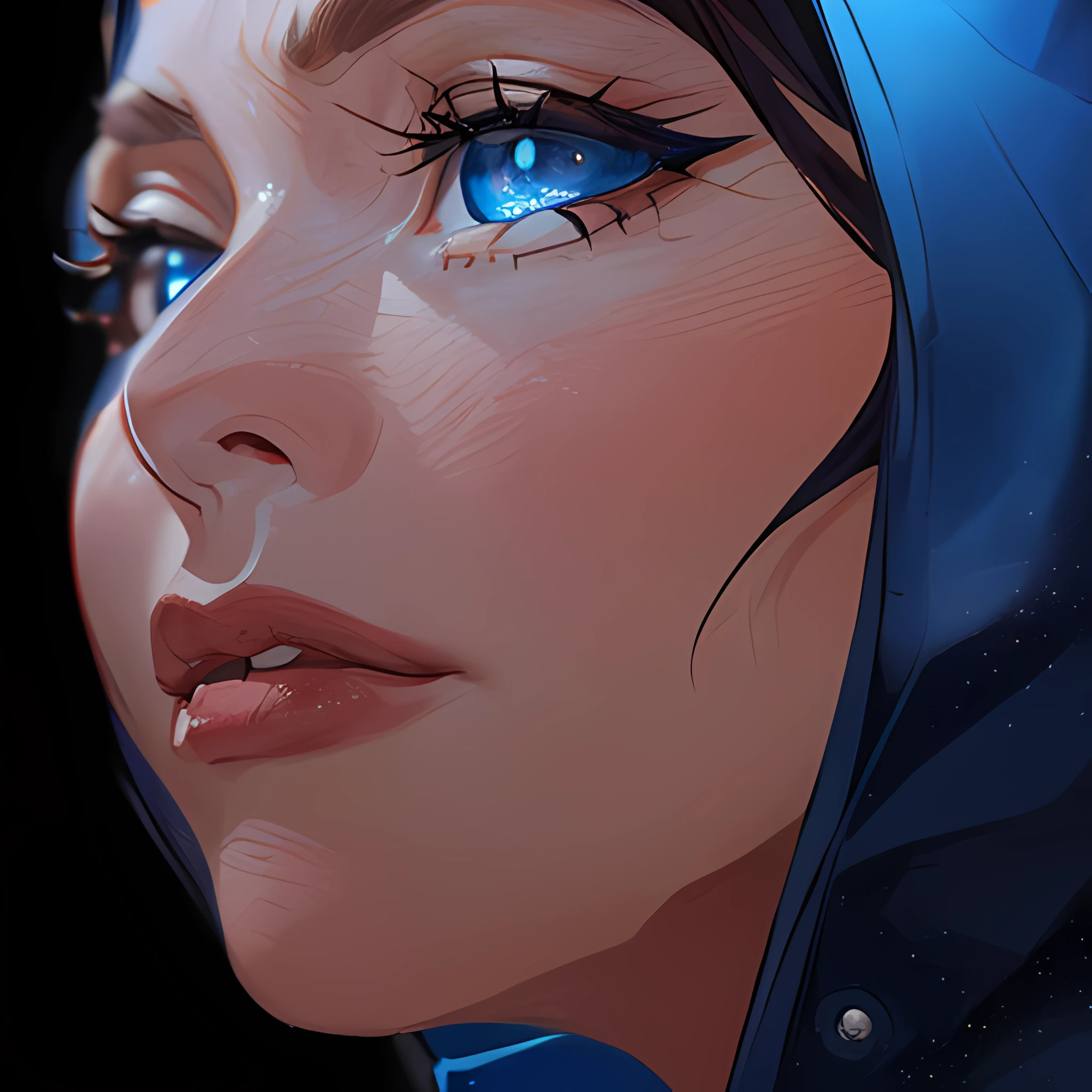 ((close up portrait of middled age woman with a hood on & with big huge giant blue eyes & tiny nose & closed wide thick mouth!!!:1.5)), she is looking at the camera & her expression is solemn, colorfull anime portait, colorfull anim4e profile, solemn expression, mysterious portrait of a woman, inspired by Naruto anime series, myself, mysterious portrait, mysterious eerie portrait, night!!! (((masterpiece))), (((best quality))), ((ultra-detailed)), (highly detailed anime illustration), ((an extremely delicate and beautiful)),(from side),cinematic light,((1anime woman)),solo, black background, extreme detailed,colorful,highest detailed