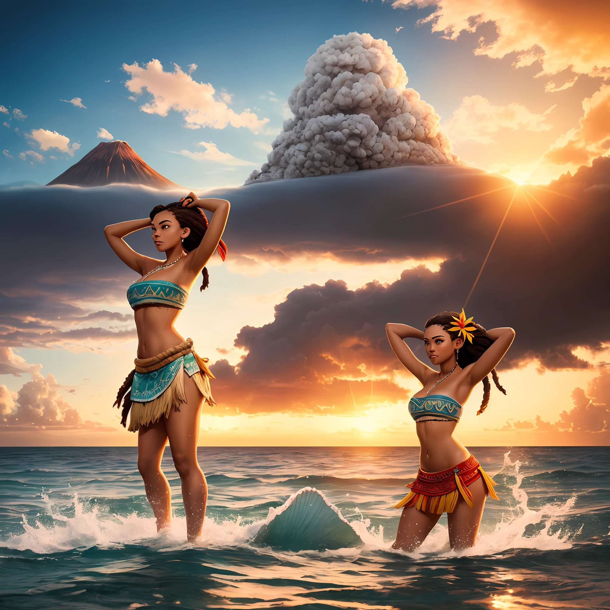 epic movie poster, volcano erupting, award winning (full body:1.3) portrait photo of a (moana:1.2), (seashell bikini:1.2), (water goddess:1.2), tribal tattoos, (wading:1.2) in the pacific (ocean:1.1), arms behind head, (partially submerged shot:1.2), (waves:0.9), desert island background, palm trees, beach,fluffy clouds in the sky, outrun, vaporware, trending on artstation, highly detailed, fine detail, intricate, (lens flare:0.9), (backlighting:0.9), (bloom:0.9), [Style-Micro::10] --auto