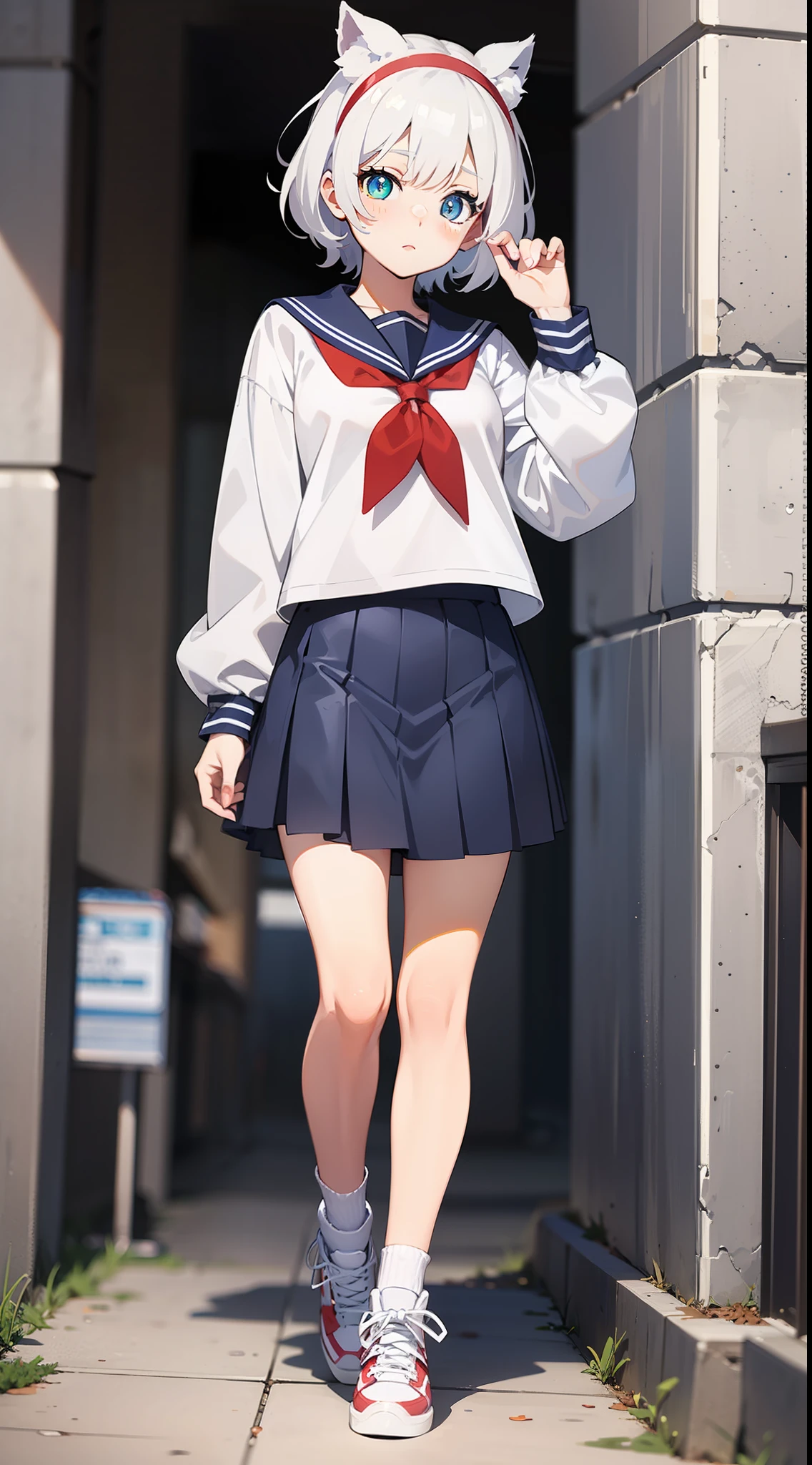 Anime characters with white hair and blue eyes, anime visual of a cute girl, Anime moe art style,Girl with short white hair, Shoujo white hair young anime girl, official character art,Heterochromic pupils,Wear high-top sneakers,White sailor suit,Blue accents,red hairband,sitted,your legs,flatchest,Short ponytail hair,White high-top flats in hand,chiquita,Short pleated skirt,Full body photo