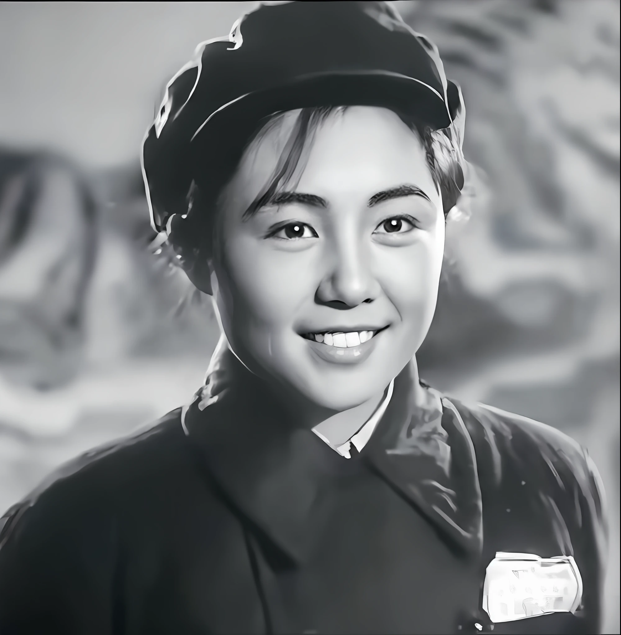 Araferd's black-and-white photo of a woman smiling in uniform, Yun Ling, song nan li, jiyun chae, Lu Ji, Qiu Fang, heise-lian yan fang, inspired by Liu Haisu, xue han, inspired by Li Shan, Inspired by Liu Jue, inspired by Gu Zhengyi, zhang daqian