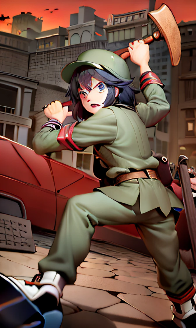 anime figure,In the city with a hammer in his hand, inspired by Li Shida, cushart kenz, redline anime movie style, infantry girls, Safebooru anime image, Fighting posture, mario as a world war i soldier, iwakura lain, attack pose, author:New Art, yuyushiki