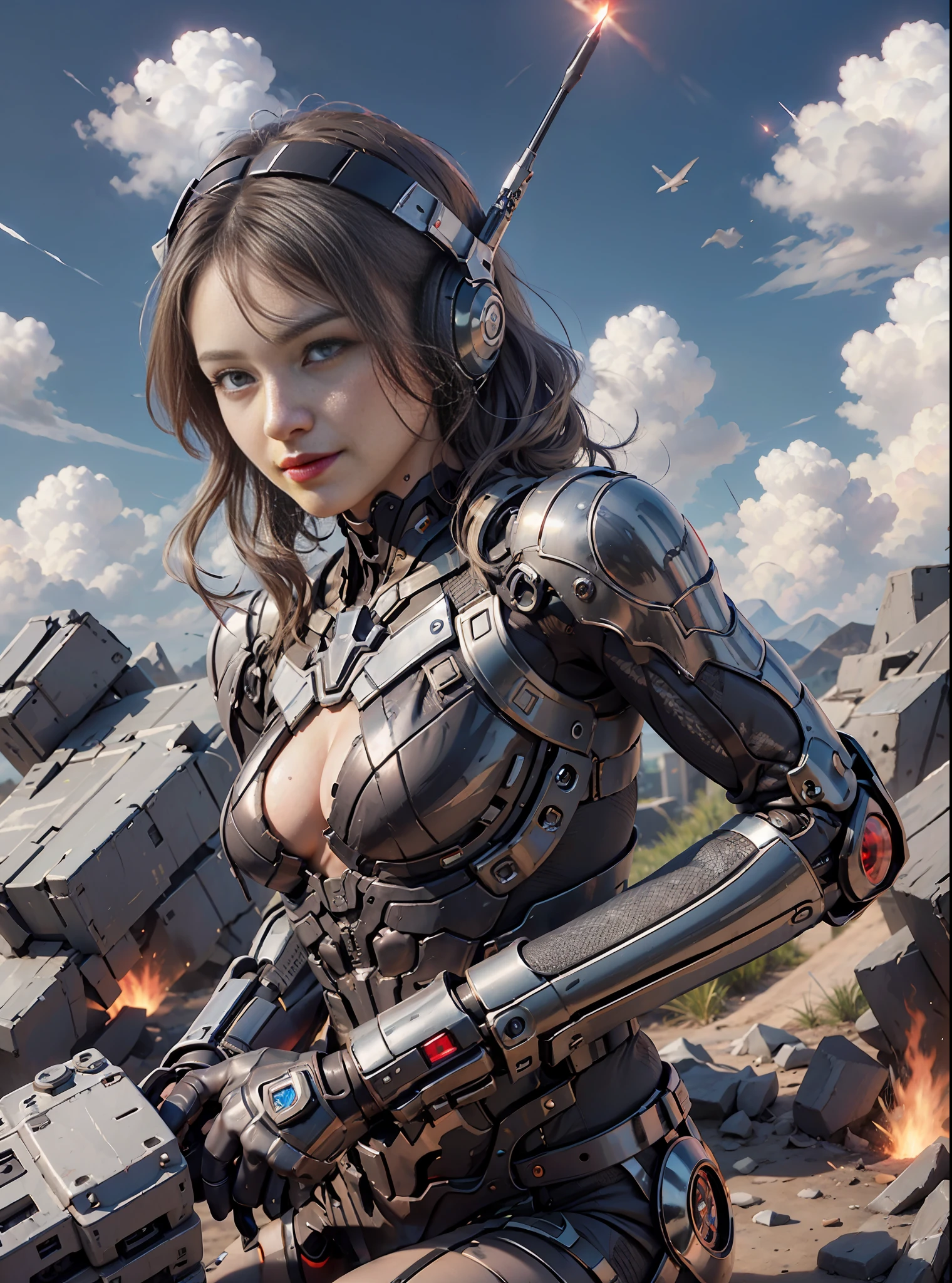 10, bestquality, masterpiece, ultra-high resolution, (Realism: 1.4), Girl in futuristic fighting suit, D Wear the futuristic pilot helmet., (Red pupil), ((Red Crystal Eyes)), In the cockpit of the mecha, Black Clouds, lightning, Air Battlefield Background, Plane crash, Flying anti-aircraft missiles, Flame explodes, Mechanically created birds, Real Women, cleavage, real face, Cute Girl, smile, Perfect cyborg girl wearing sci-fi headphones, Beautiful Girls , Beautiful Cyborg Girl, silver-haired, a android, CG,